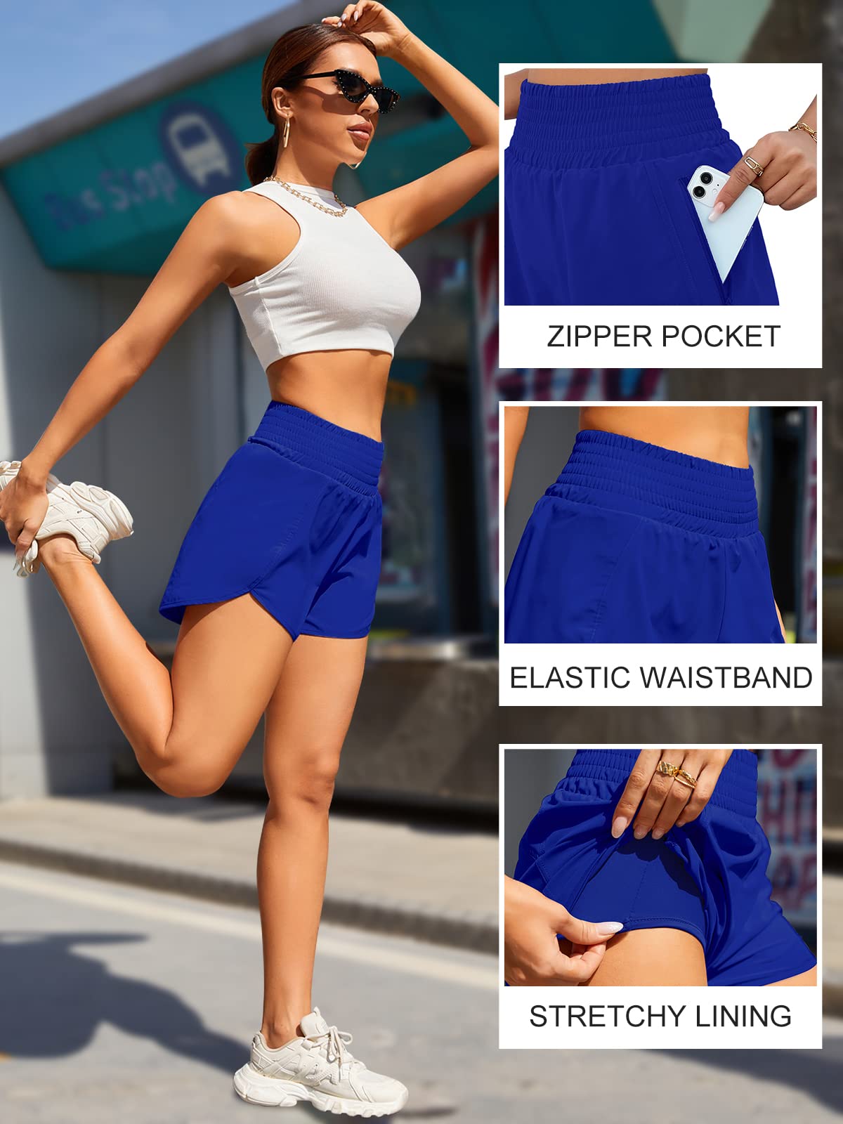 BMJL Women's Athletic Shorts High Waisted Running Short Pocket 2.5" Sporty Shorts Gym Elastic Workout Shorts(M,RoyalBlue)