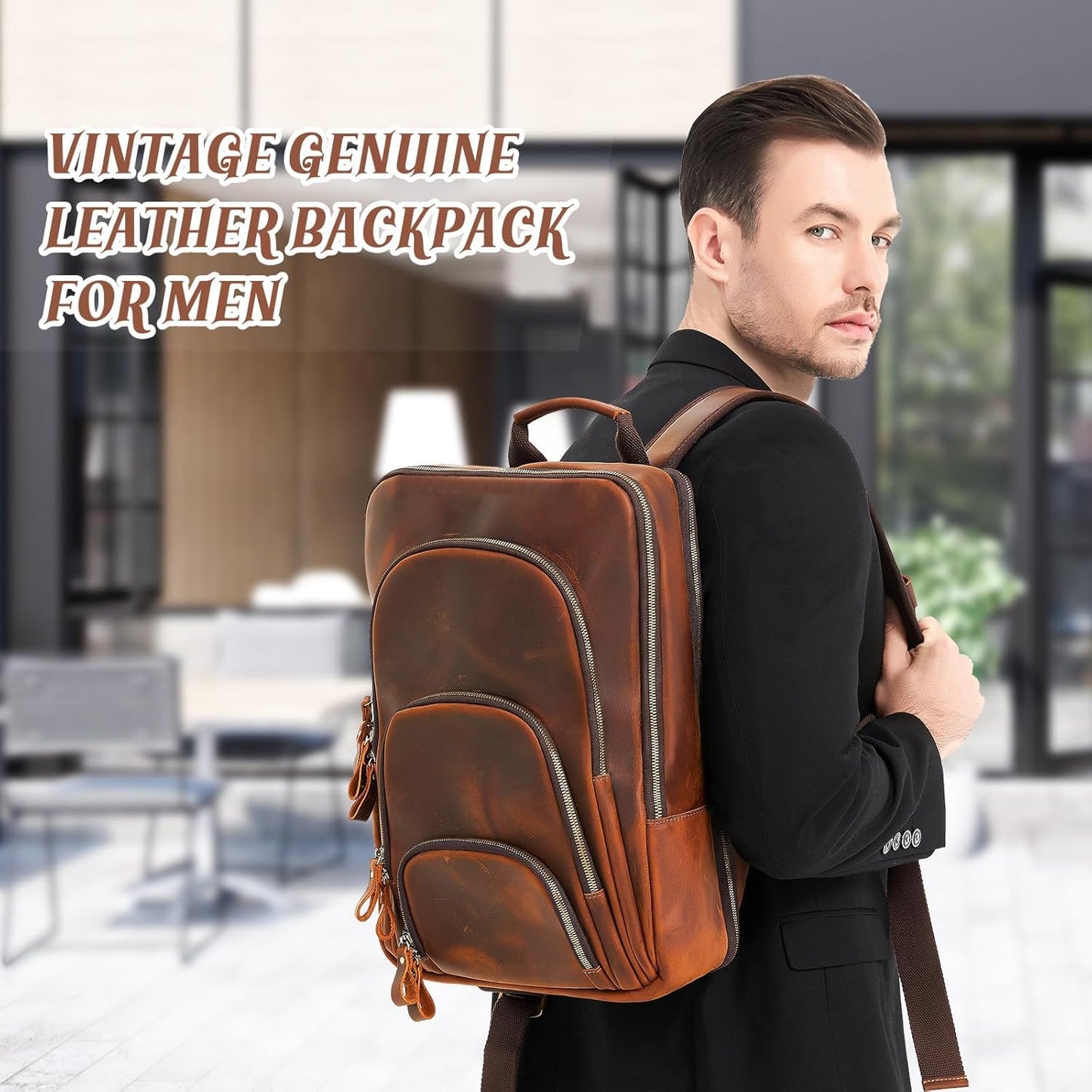 Fshsup Full Grain Leather Backpack 15.6" Laptop Bag Men's Vintage Genuine Leather Business Backpack Travel Hiking Camping Rucksack Overnight Weekender Daypack Backpack
