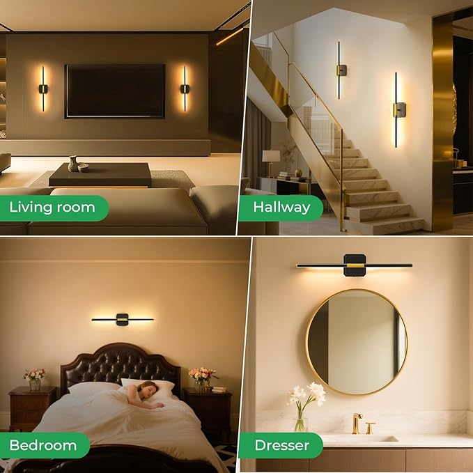 10000mAh Detachable Battery Operated Wall Sconce Set of 2, Wireless Wall Lamp 360°Rotate, 3000-6500K Dimmable, Rechargeable Modern Wall Light for Bedroom, Living Room,28.3" Black Gold