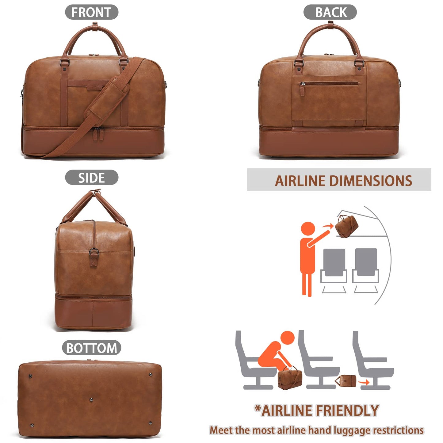 Wogarl Weekender Bag for Women: 4PCS Faux Leather Large Overnight Travel Duffel with Shoe Compartment & Toiletry Satchel Bags Carry On Duffle Fit 21" Laptop (Light Brown)