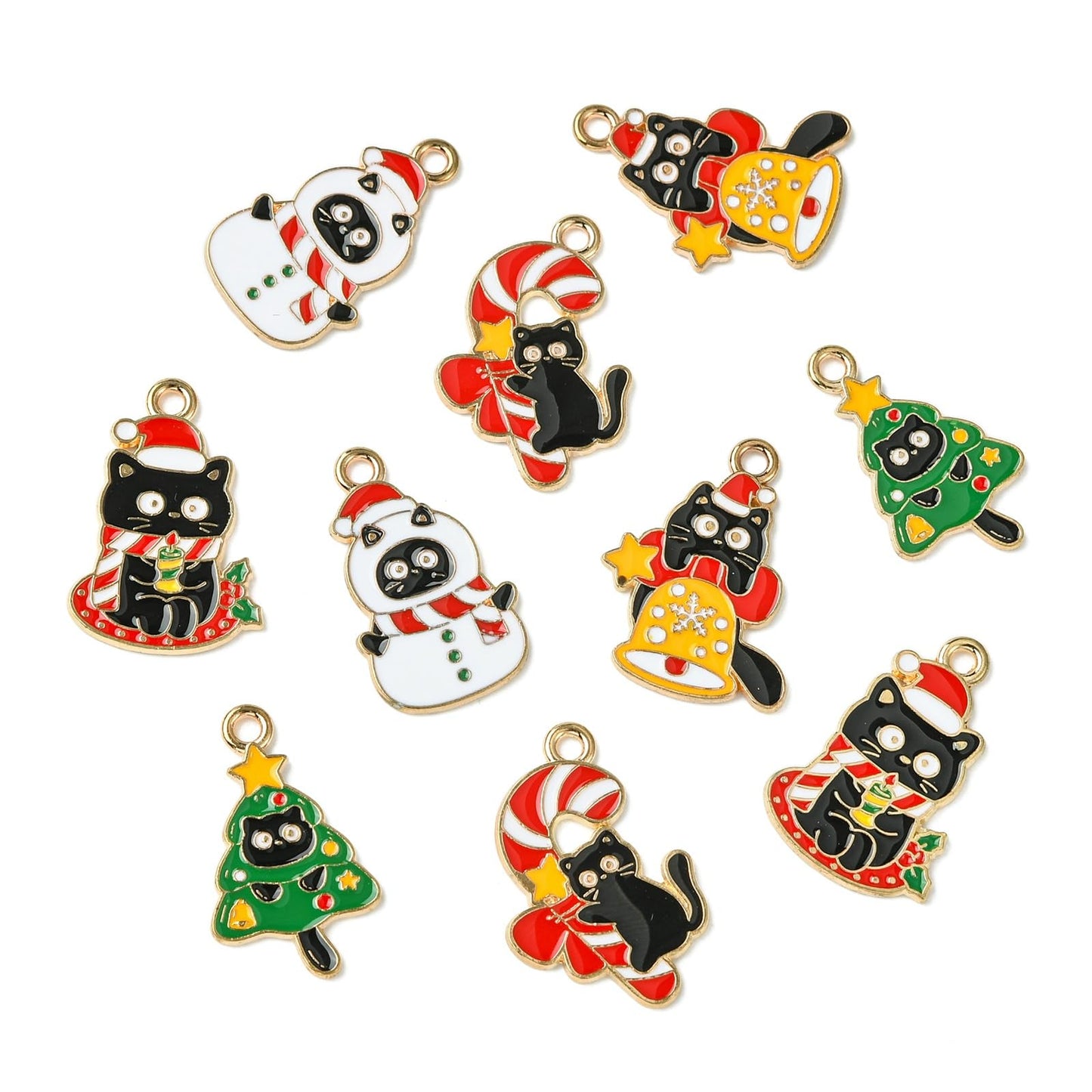 LiQunSweet 30 pcs 5 Styles Christmas Cat Theme Alloy Enamel Charms Xmas Tree Bell Snowman Wreath Candy Cane Charms for DIY Jewelry Bracelet Necklace Earring Craft Keychain Bag