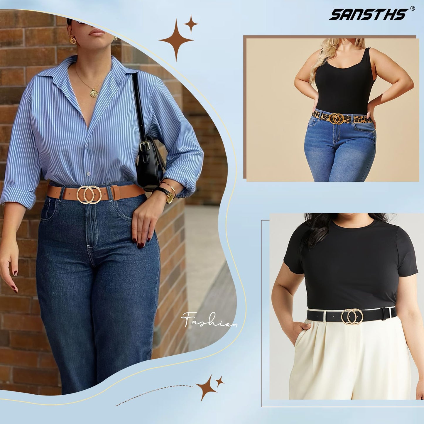 SANSTHS 3 Pack Women Waist Belts for Jeans Pants Dresses, Ladies Belt with Double O-Ring Gold Buckle, Black+Brown+Leopard M