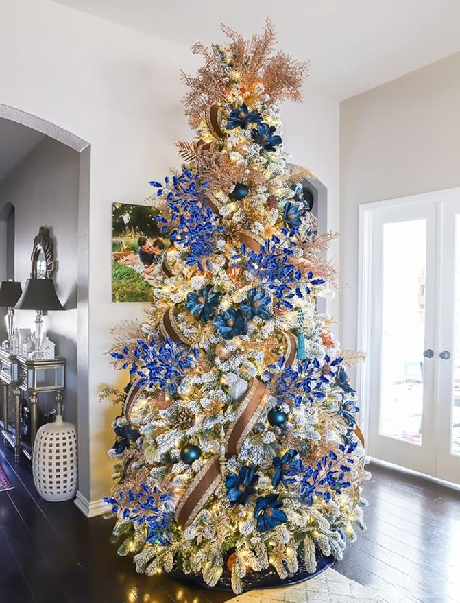 DILATATA 6Pcs Christmas Glitter Leaves Holly Leaves 23" Artificial Royal Blue Holly Leaf Picks Sprays Giltter Stems for Christmas Tree DIY Xmas Wreath Garland Home Decor - Royal Blue