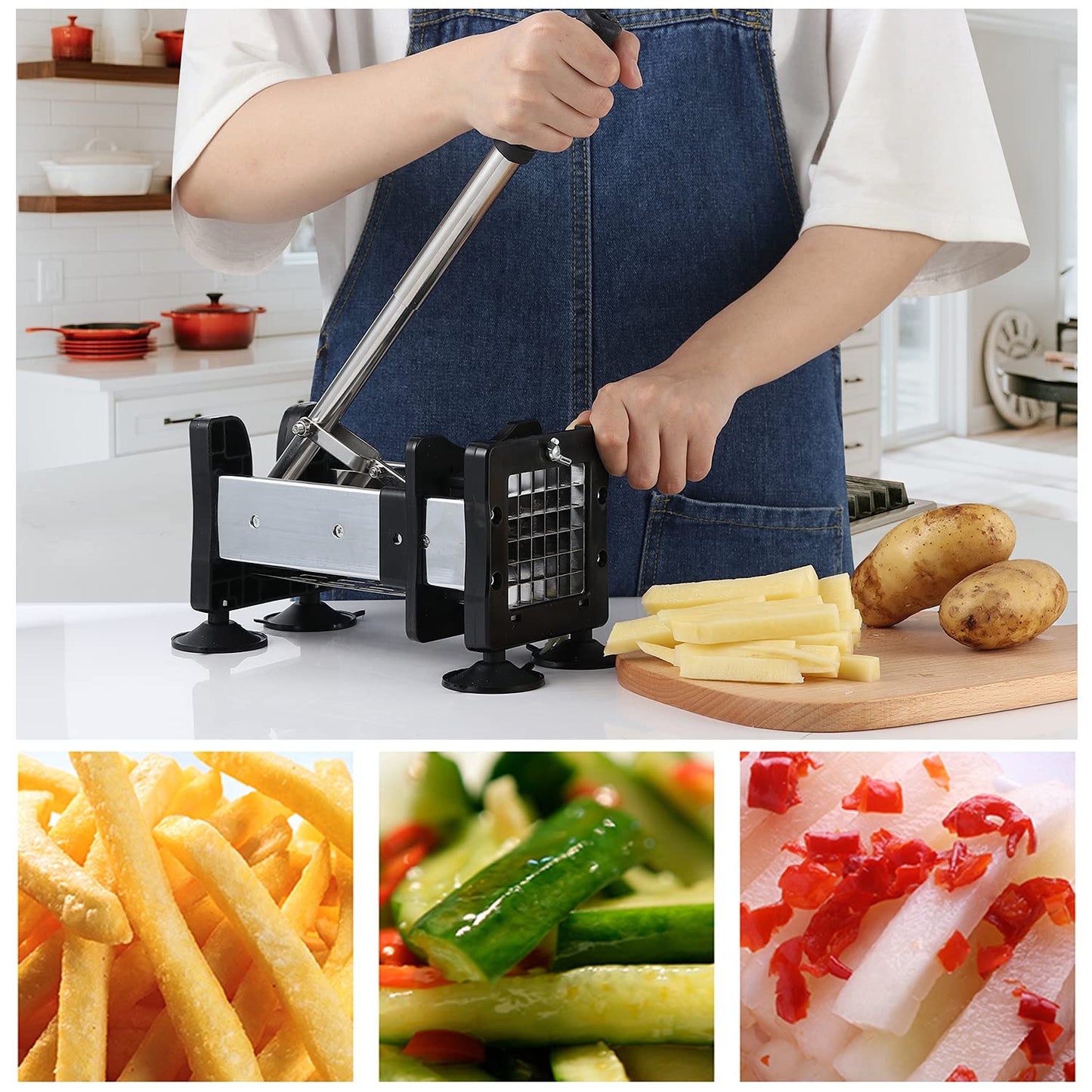 Votron French Fry Cutter Potato Cutter Stainless Steel with 2 Size Durable Blades for Vegetables, Potato, Onions, Carrots, Cucumbers, Fruits, Apples