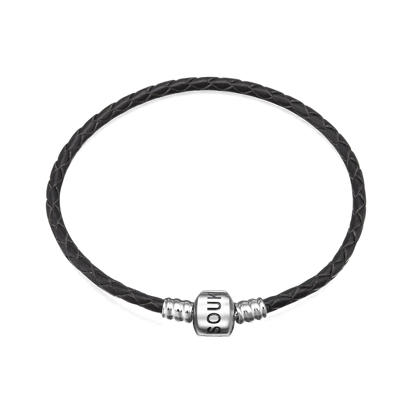 SOUKISS Genuine Black Leather Woven Bracelet with 925 Sterling Silver Barrel Snap Clasp Bead Bracelet for Charms (18 cm-7.1 inches)