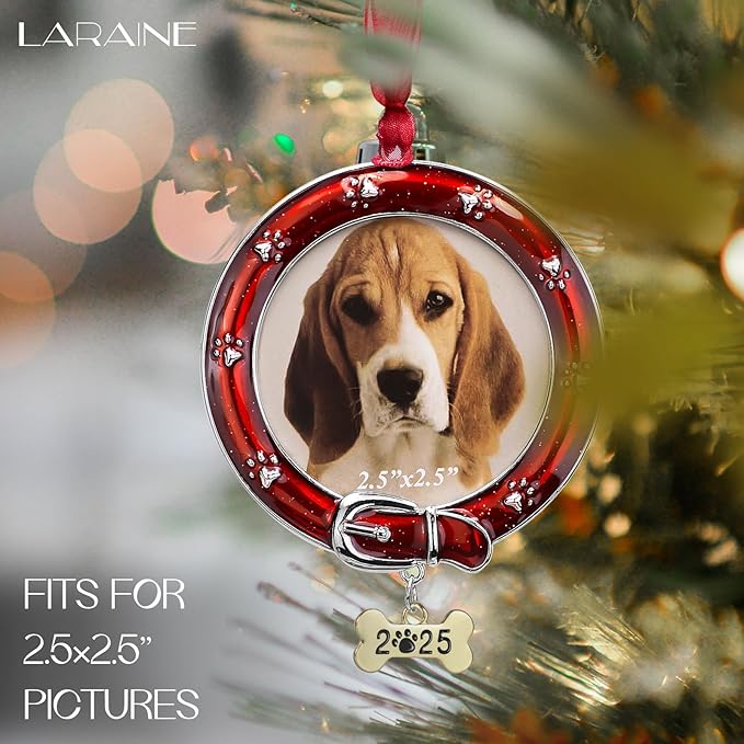 Laraine Christmas Tree Ornaments – Decorative Hanging 2025 Holiday Keepsake Gift Dog Pendant with 2.5” Photo Frame Insert for Picture of Pet (Dog Red (2025))