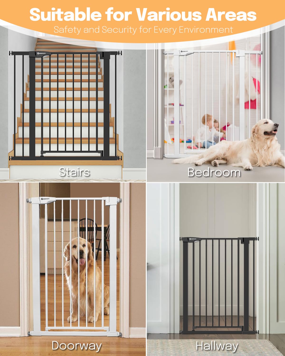 Papacare 42" Extra Tall Baby Gate for Stairs Doorways, Fits Openings of 29.5" to 40.5" Wide, Auto Close Extra Wide Baby and Pet Gate for Doorways and Stairways,Pressure Mounted Dog Gates, Black
