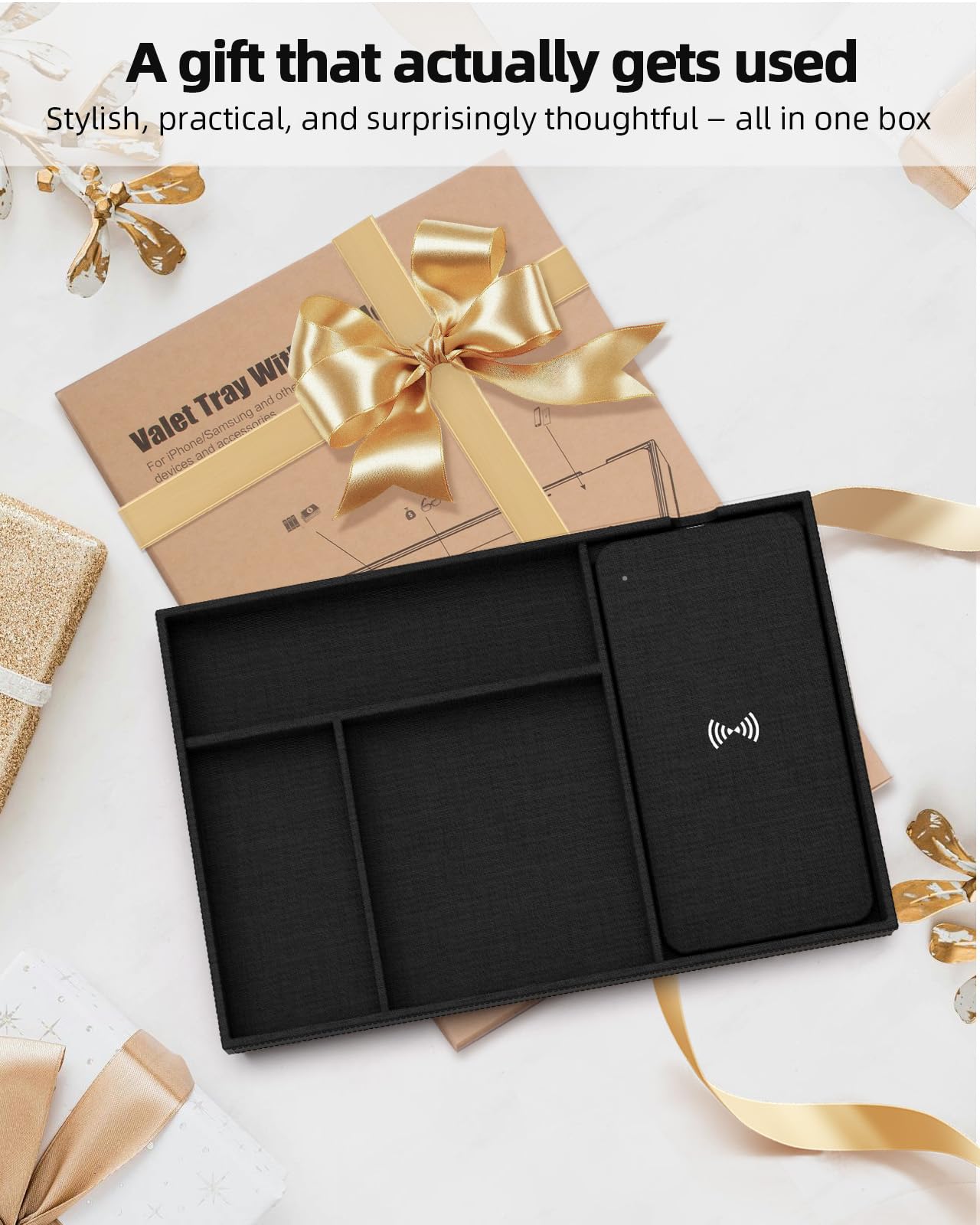 Valet Tray with Wireless Charger, Nightstand Organizer & Catchall Tray for Phone, Keys, Glasses and Accessories, Premium Linen, Stylish Desk & Bedside Storage Station, Black