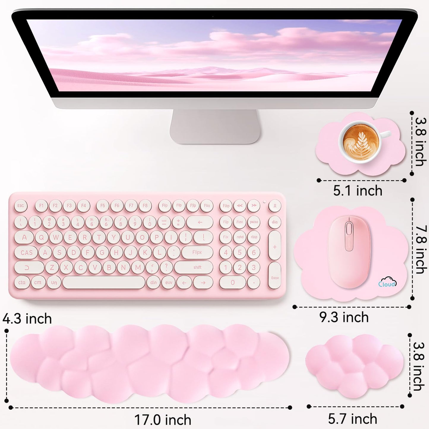 Sushret Cloud Wrist Rest for Computer Keyboard, 4-in-1 Memory Foam Leather Cloud Keyboard Wrist Rest and Mouse Pad Set with Ergonomic Support for Arm and Palm Cushion, Gaming/Work Setup, Pink