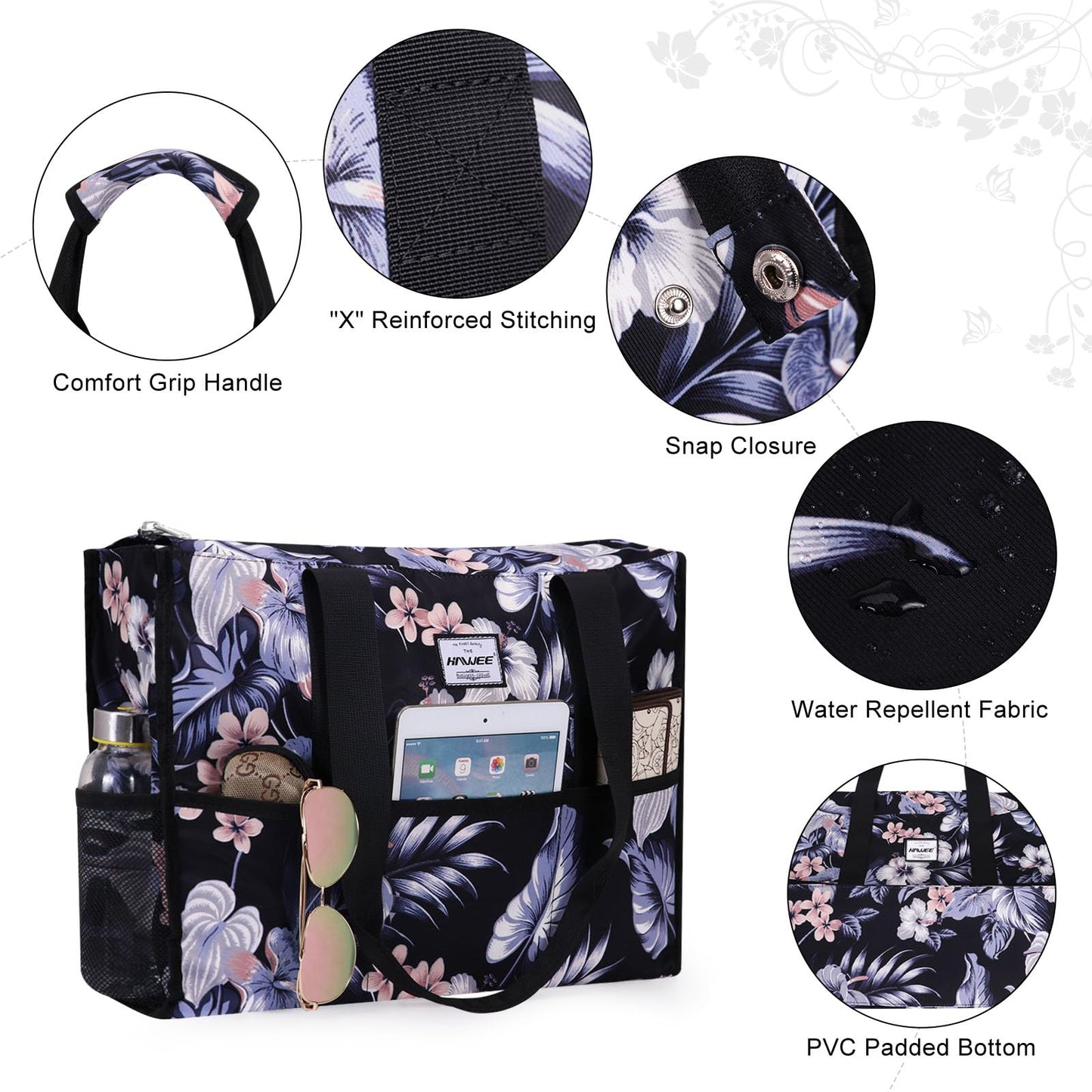 HAWEE Utility Zippered Tote Bag with Laptop Compartment and Luggage Sleeve for Nursing Work Travel 15 Pockets Water Repellent Commuter Bag, Hibiscus