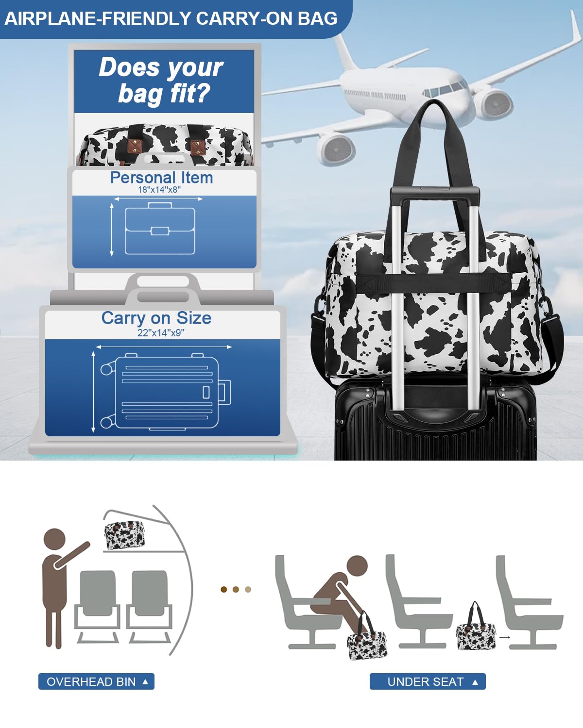 Pritent Travel Duffle Bag, Waterproof Weekender Overnight Hospital Bags for Women Men with Toiletry Bag Lightweight Personal Item Duffle Gym Bag for Travel, Airplanes, Sports(Cow Print, Large)