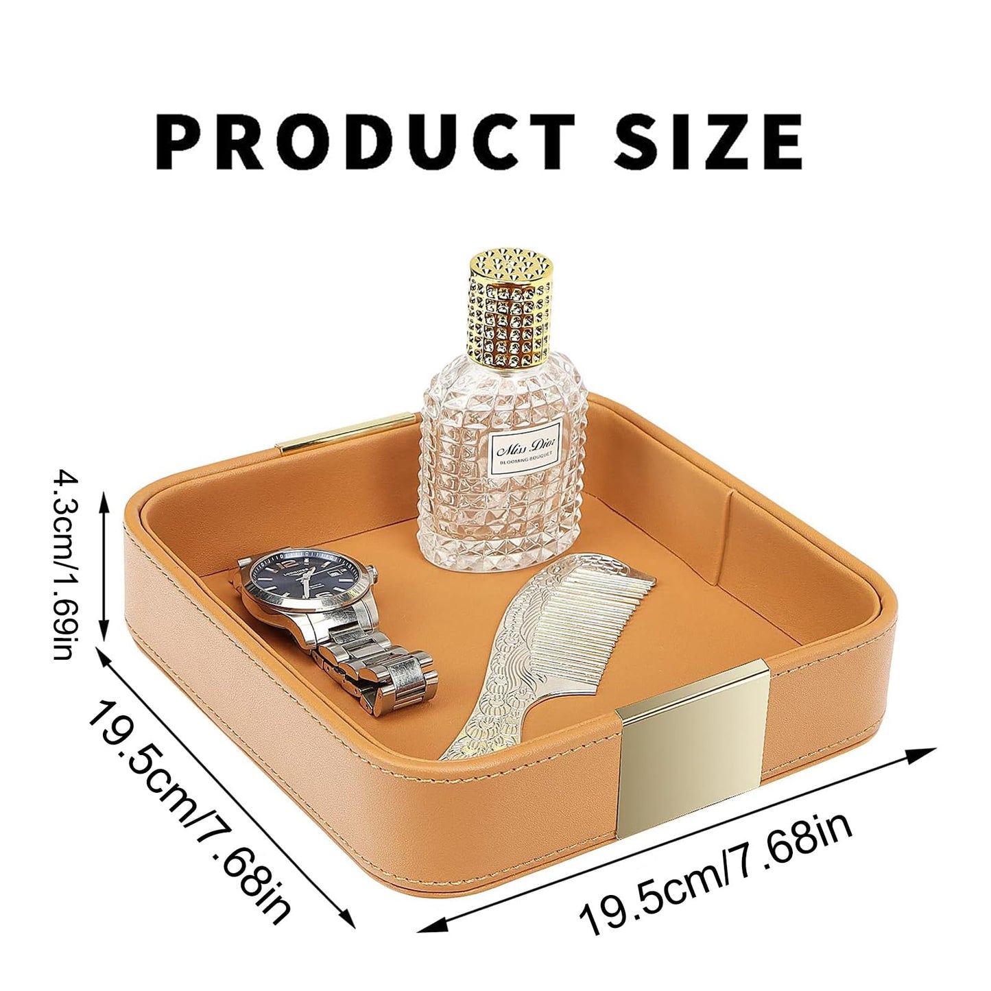 SANZIE Luxury Leather Desktop Storage Small Catchall Organizer Decorative Tray for Entryway Table to Hold Jewelry Watch Cosmetics Keys Phone Wallet, Home & Office Accessories (Metal Gilded, Orange)
