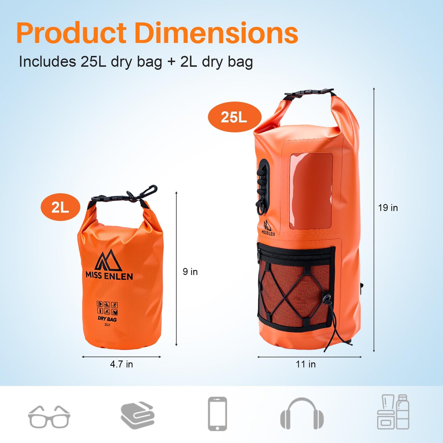 MISS ENLEN Waterproof Dry Bag 500D PVC Roll Top Dry Sack with 3 Carrying Ways, Lightweight Waterproof Bag for Kayaking, Swimming, Boating, Paddle Boarding, Hiking, Beachg (Orange, 27L)