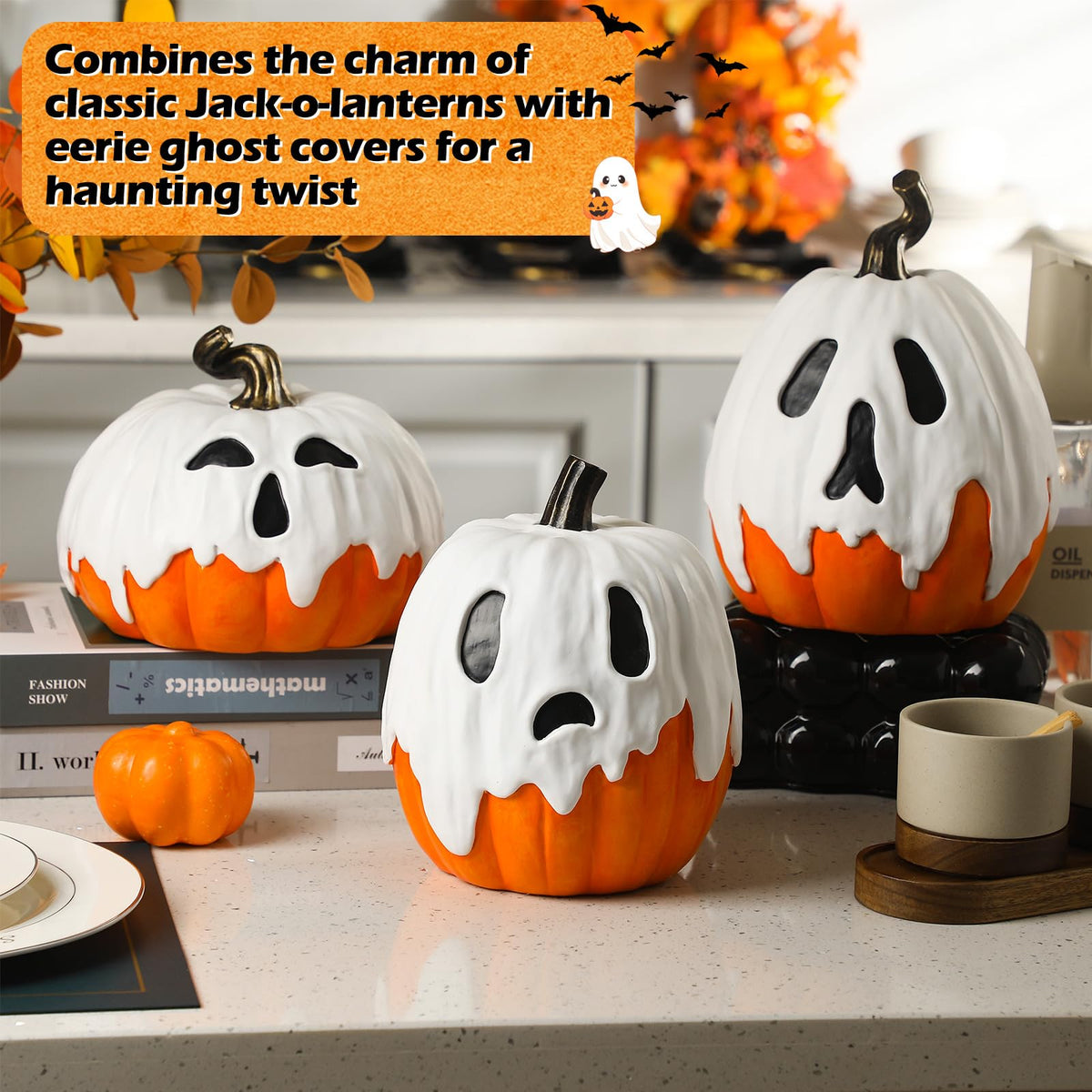 Colingmill 3 PCS Halloween Ghost Pumpkin Decoration - 9.8" 8.7" 7.1" Large Resin Jack O Lantern Ghost Pumpkin Spooky Figurine Set for 2025 Fall Statue Decoration Indoor Outdoor