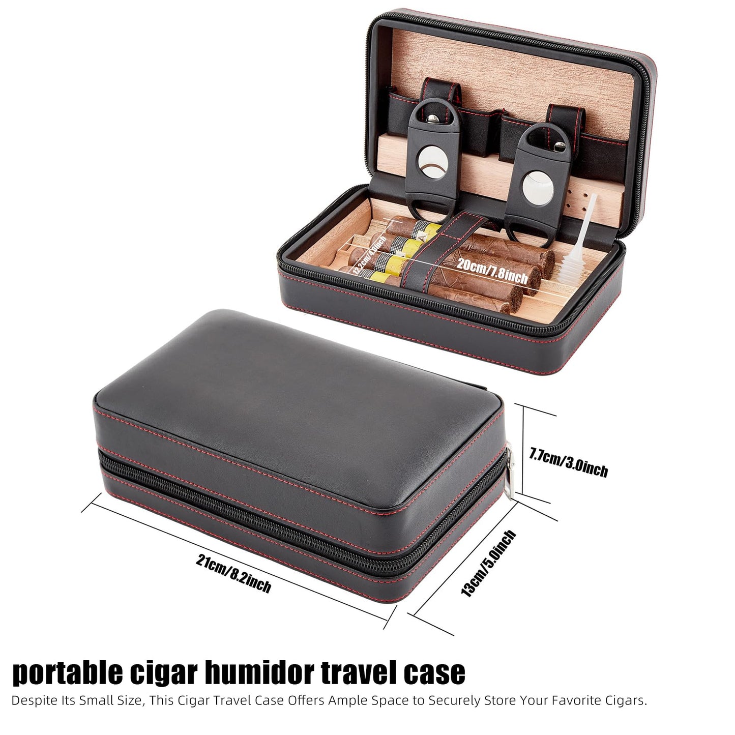 Cigar Case,Travel Humidor,4 Pack Black Cedar Wood Leather Case with Cigar Cutter,Humidifier,Ashtray and Towel for Men Home and Travel,Desktop Large Electric Cabinet,Holder Box Accessories as Gift