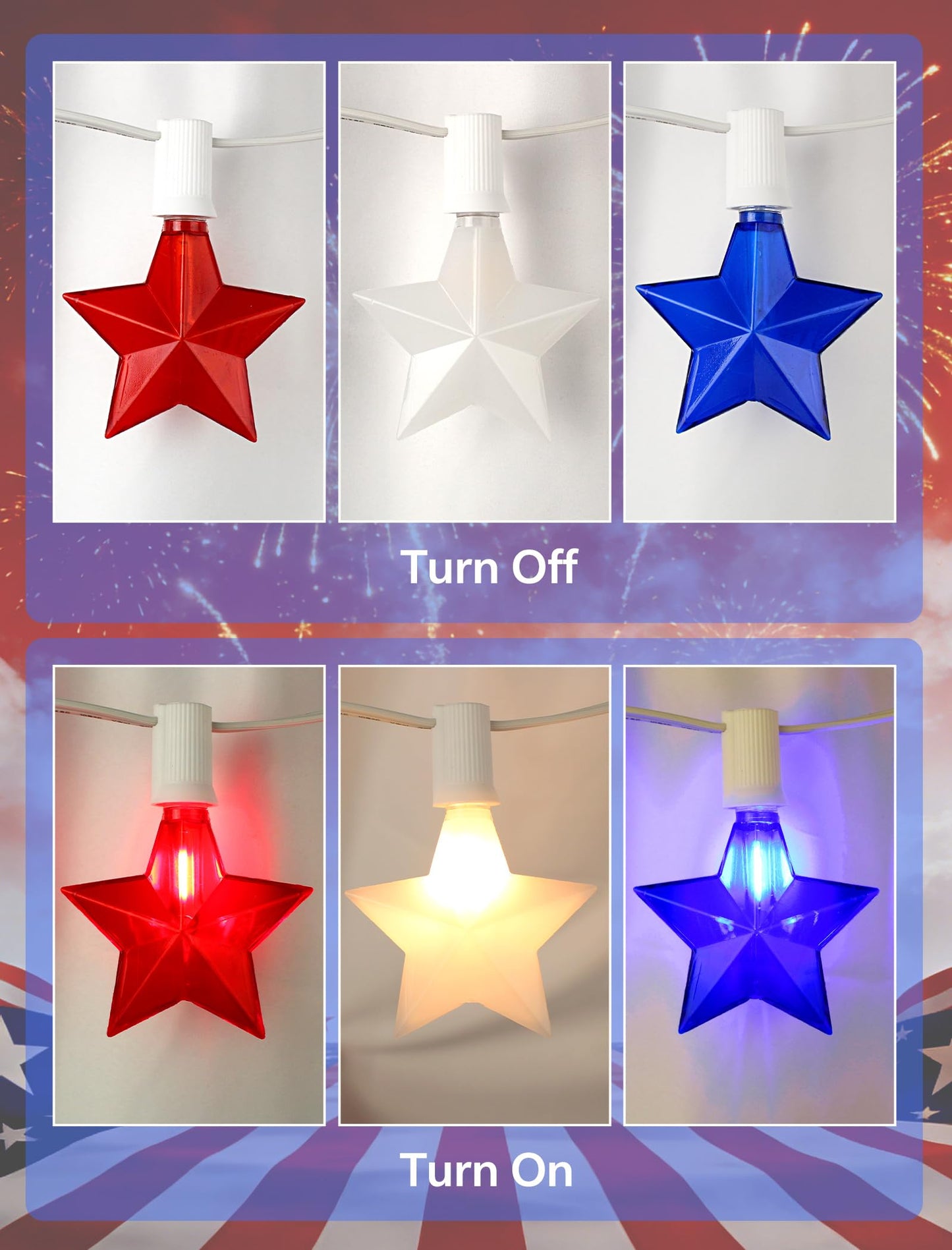 Adirxon 50FT 25-Light Patriotic Star String Lights, Red White and Blue LED Star Lights with White Wire, IP44 Water-Resistant 4th of July Decorations for Independence Day, Patio and Party Décor