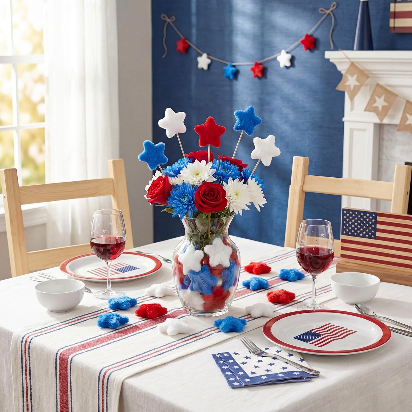 Teyva Daily 120 Pcs 4th of July Patriotic Plush Star Decorations Red White Blue Star Vase Filler for Independence Day, Memorial Day, Bowl Filler Tiered Tray Wreath Craft Table Scatter(2.36 Inches)