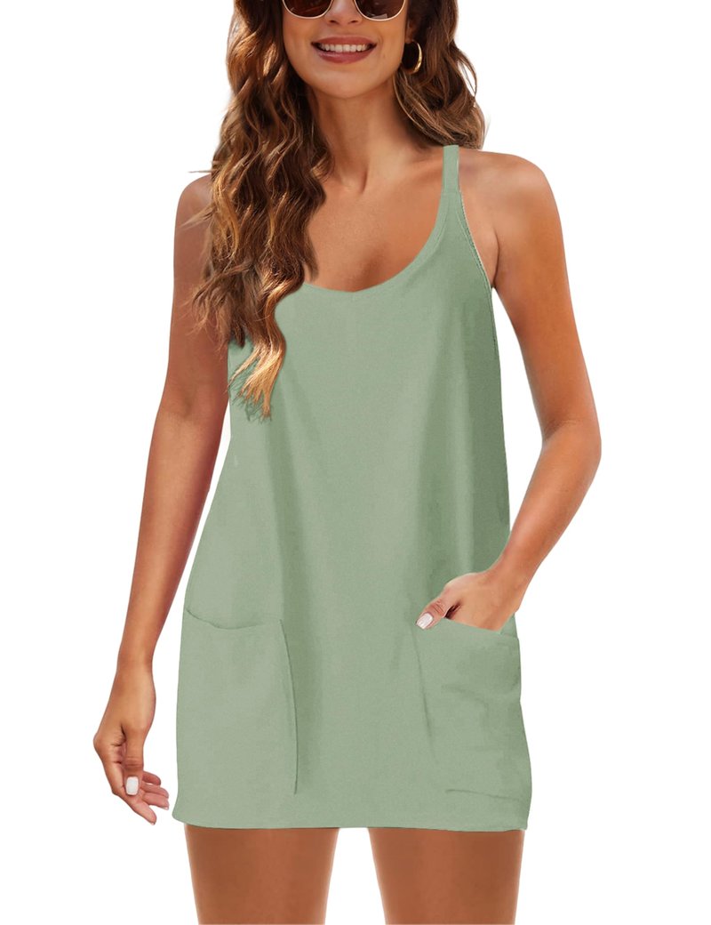 Lentta Womens Athletic Sleeveless Mini Dress with Built-in Shorts V Neck Spaghetti Strap Sundress(PeaGreen-S)