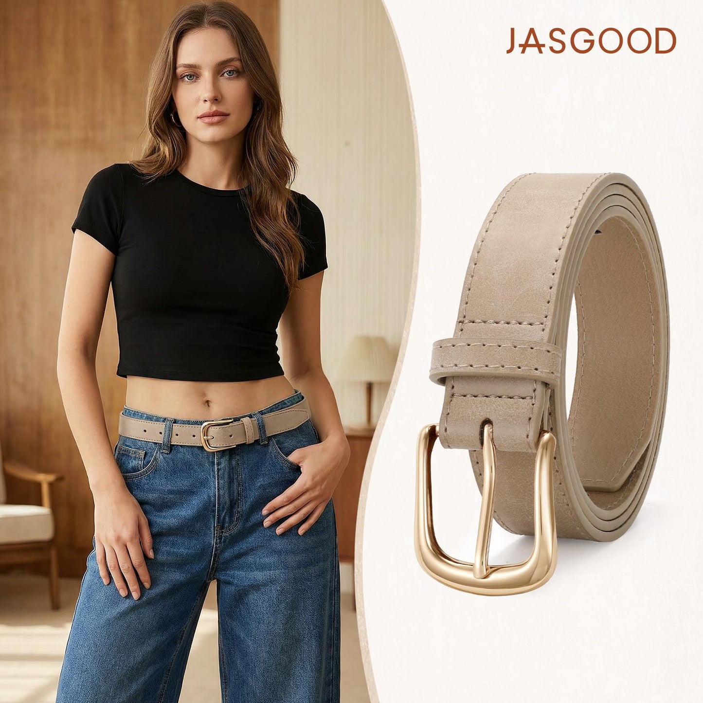 JASGOOD Women Leather Belt for Jeans Vintage Ladies Waist Belt with Gold Buckle for Pants Dress
