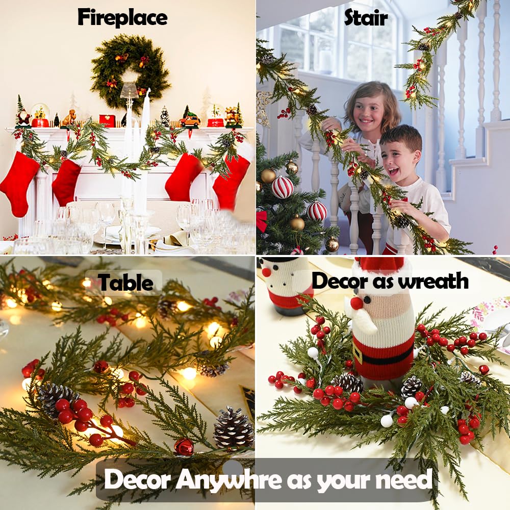 Christmas Garland 12FT 40 LED Bulbs Cypress Pine Garland with Lights Battery Operated with Bells Red Berries Pinecones Green Garlands Decoration for Xmas Holiday Thanksgiving New Year Home Decor
