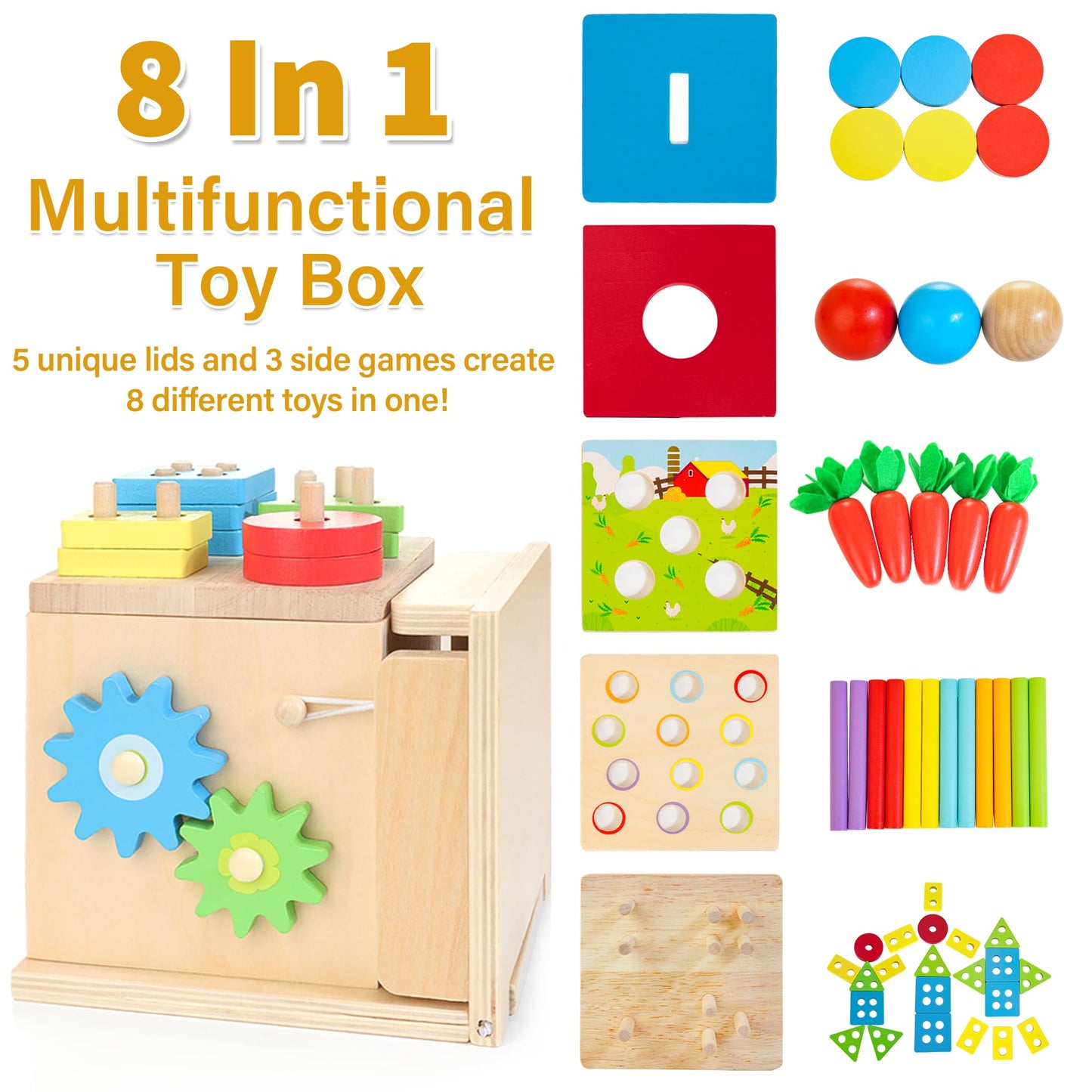 Kizfarm Wooden Montessori Baby Toys, 8-in-1 Wooden Play Kit Includes Object Permanent Box, Coin Box, Carrot Harvest, Shape Sorting & Stacking - Christmas Birthday Gift for Boys Girls Toddlers