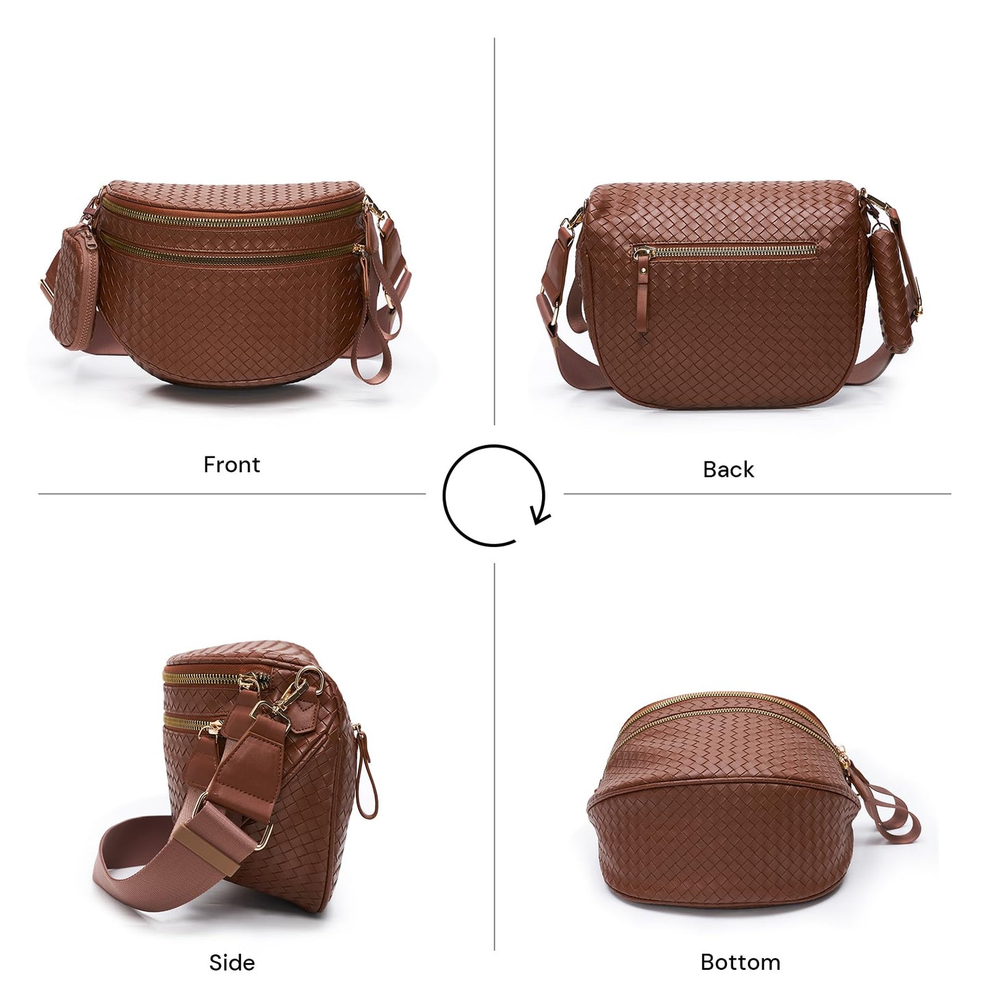 Woven Bum Bags for Women Vegan Leather Crossbody Bag with Coin Purse, Trendy Fanny Packs with Adjustable Wide Strap, Spacious Sling Shoulder Purse for Trave