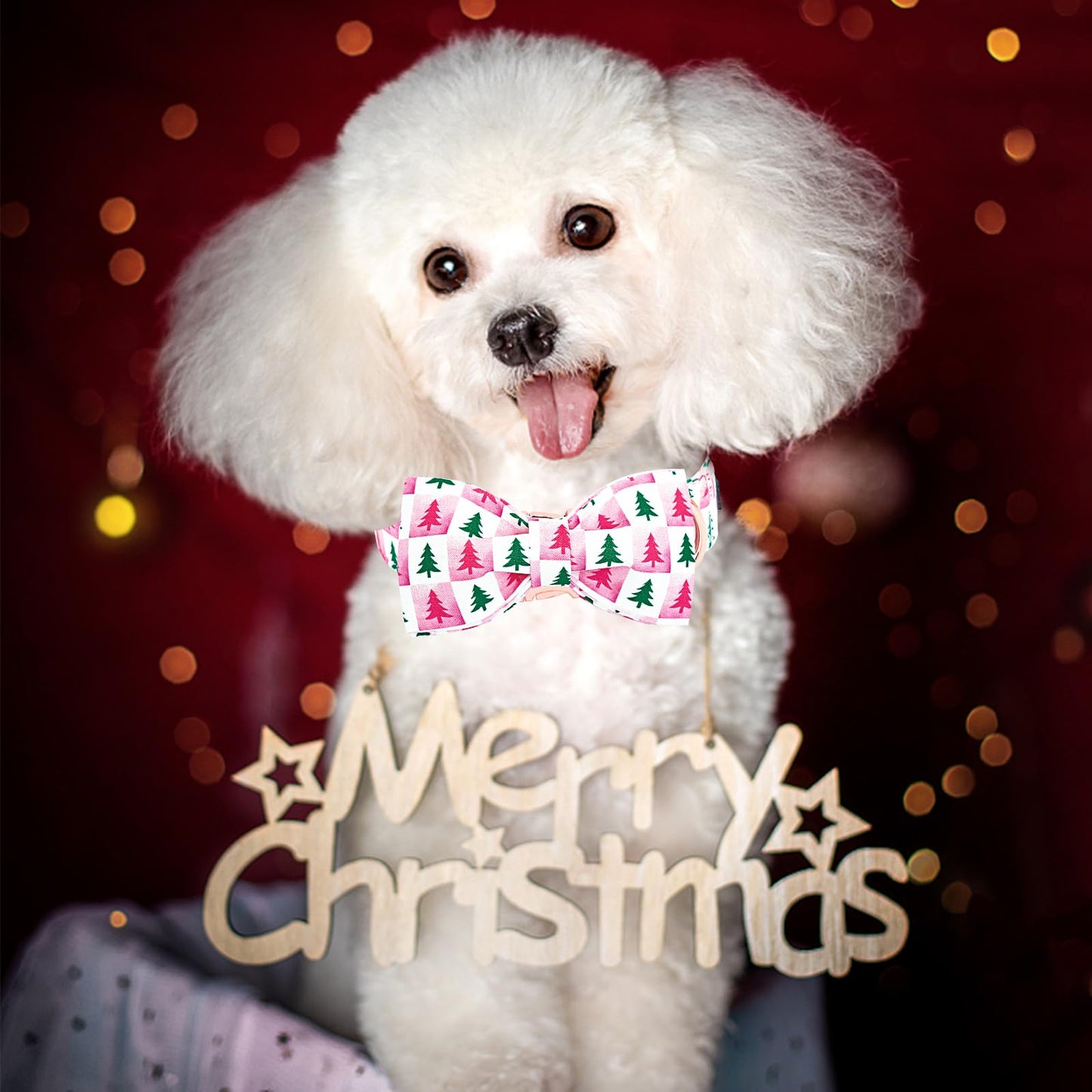 Lionheart glory Christmas Dog Bow Collar - Christmas Tree Pink Checkerboard Dog Collars with Bowtie Soft Sturdy Adjustable Girl Collars for Medium Dogs Cute Pet Collar