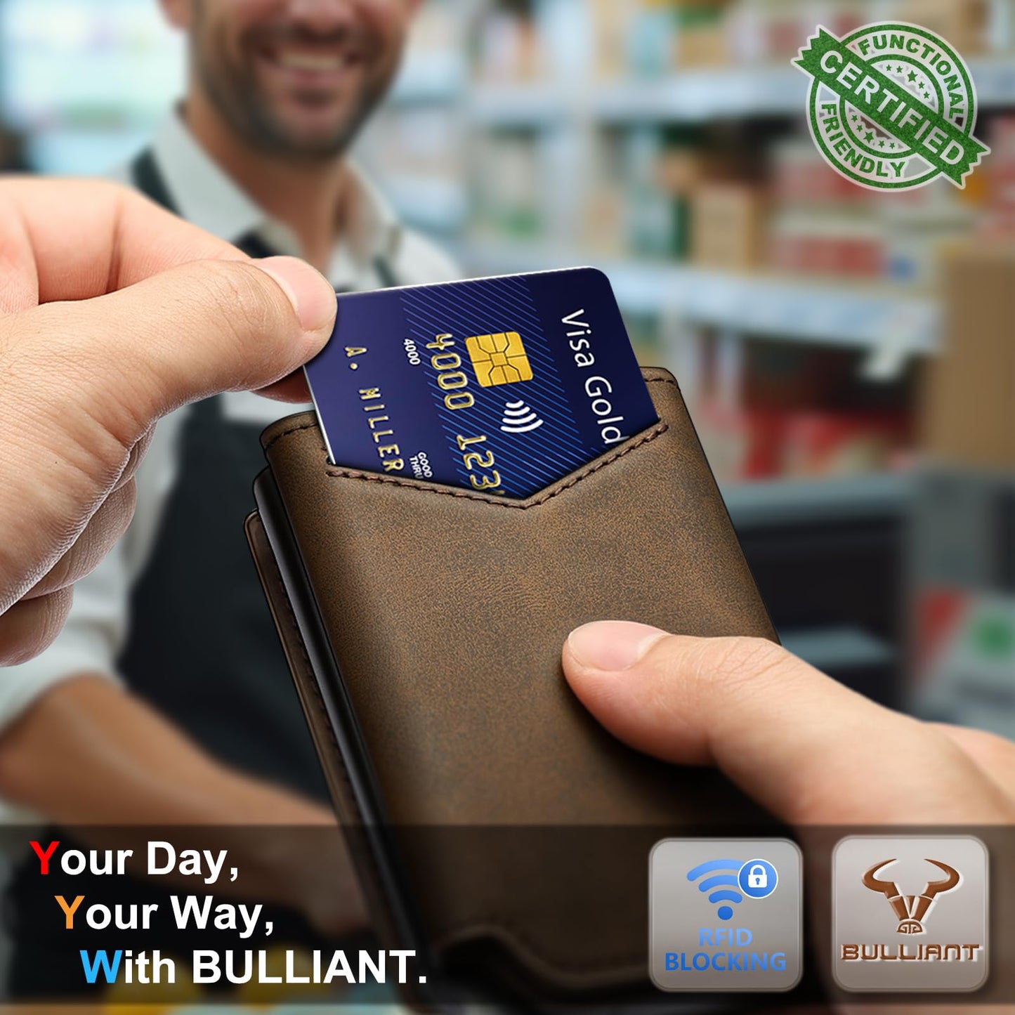 BULLIANT Men Wallet Leather Wallet Card Holders Money Clip for Men 10Cards-Magnetic Flip on Metal Case