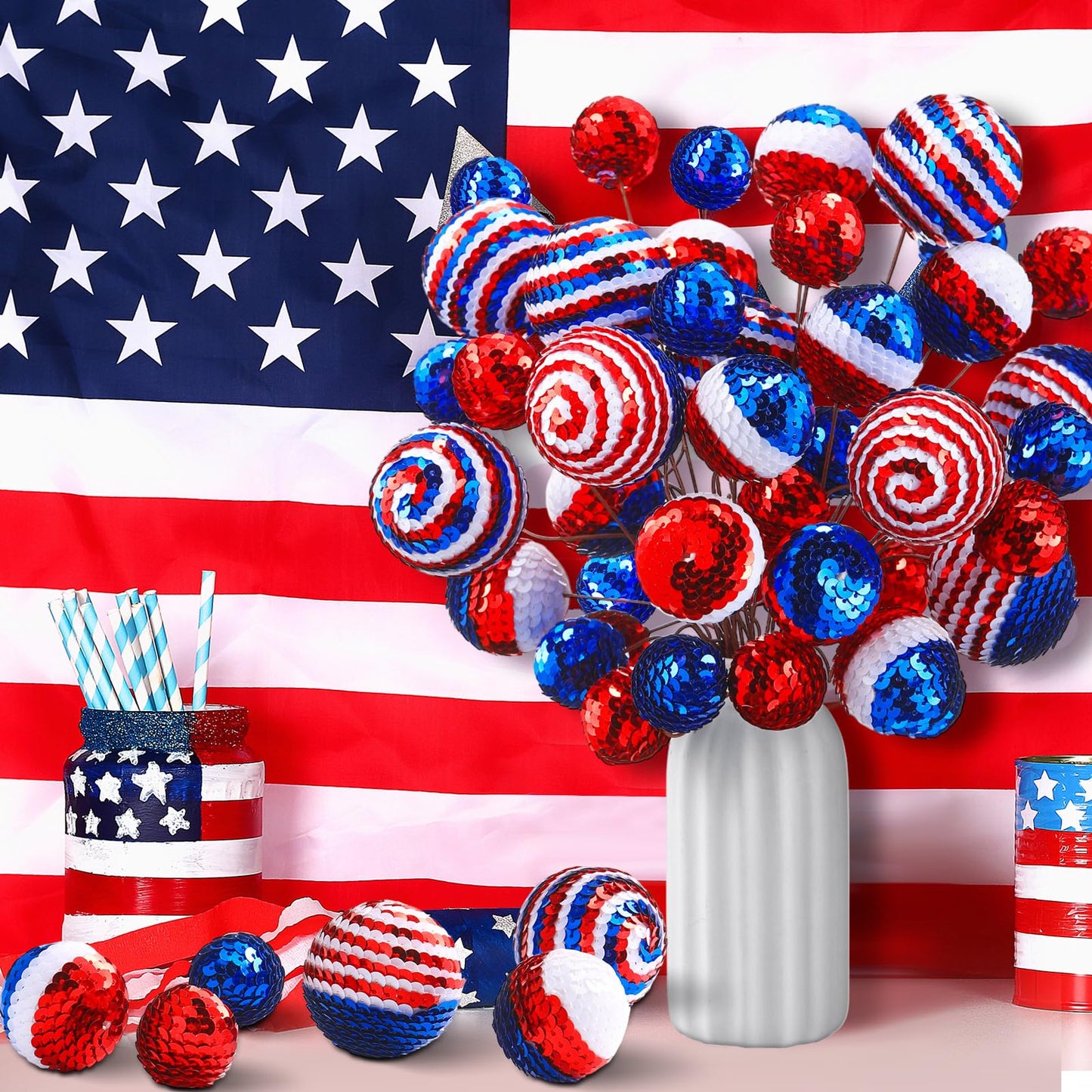 Hiboom 40 Set Independence Day Sequins Ball Decoration Picks Patriotic Ornaments 4th July Tree Decorations Sequin Ball Ornament for Memorial Day Veterans Patriotic USA Themed Party(Red, White,Blue)