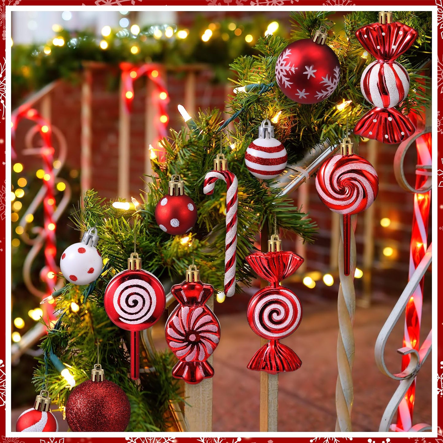 Soulchen 69 Pcs Candy Cane Christmas Tree Ornaments Set Red and White Christmas Decorations Lollipop Picks Shatterproof Hanging Xmas Balls Peppermint Striped Bow for Tree Party Holiday Decorations
