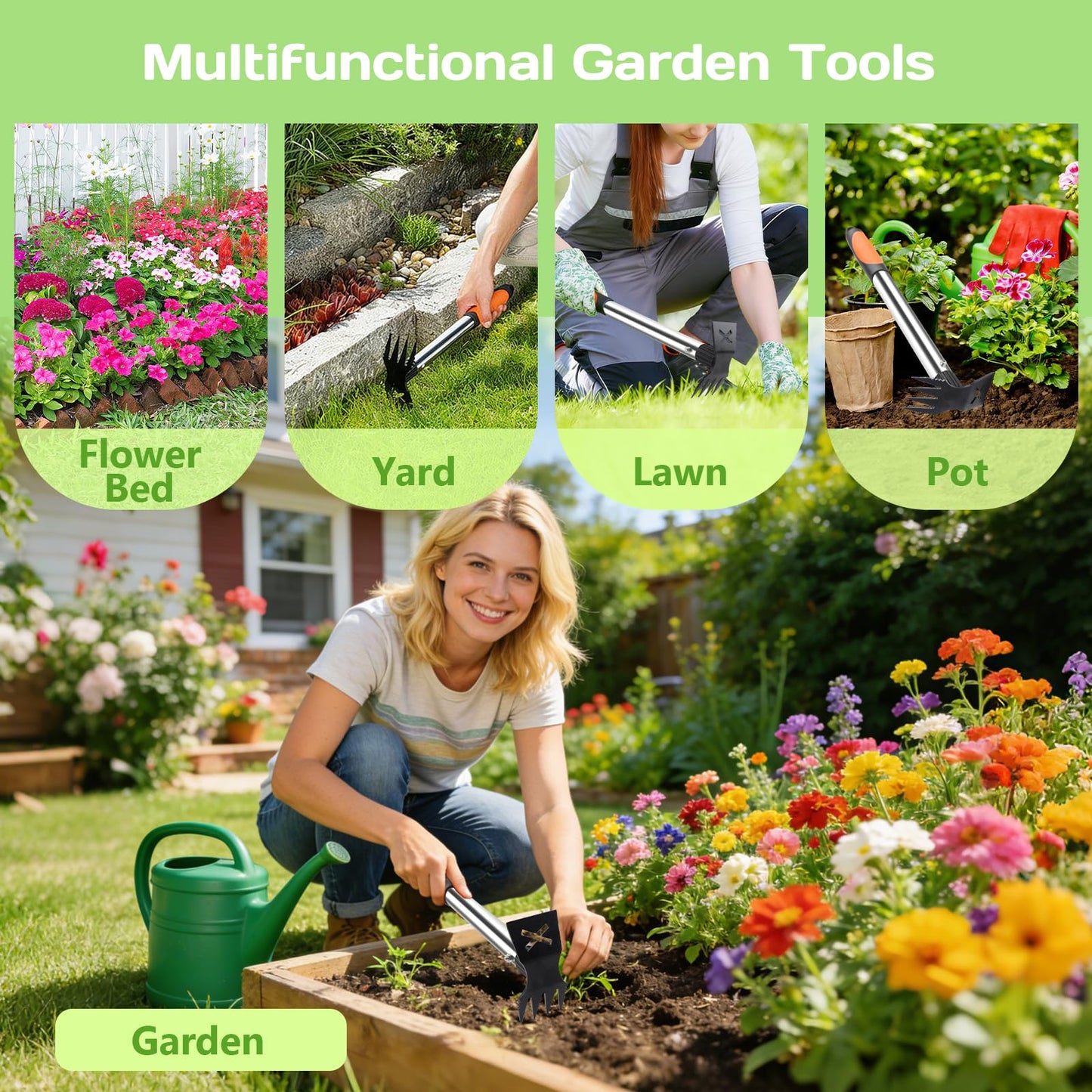 Upgraded 17" Weed Puller Tool, Portable Garden Weed Pulling Tool for Weeding Uprooting Planting, 2 in 1 Hoe & 4 Teeth Rake Manual Weeder, Durable Weed Remover Gardening Hand Tools for Yard Lawn Farm