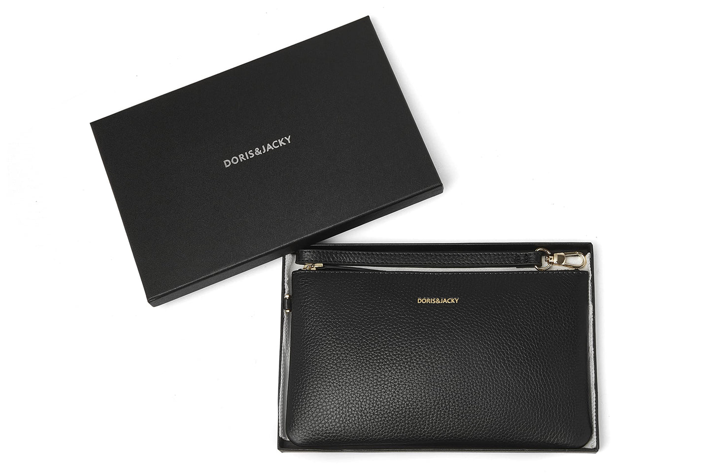 DORIS&JACKY Small Leather Wristlet Clutch Purse for Women Slim Designer Wallet and Cellphone Pouch Bag With Detachable Strap (Black)