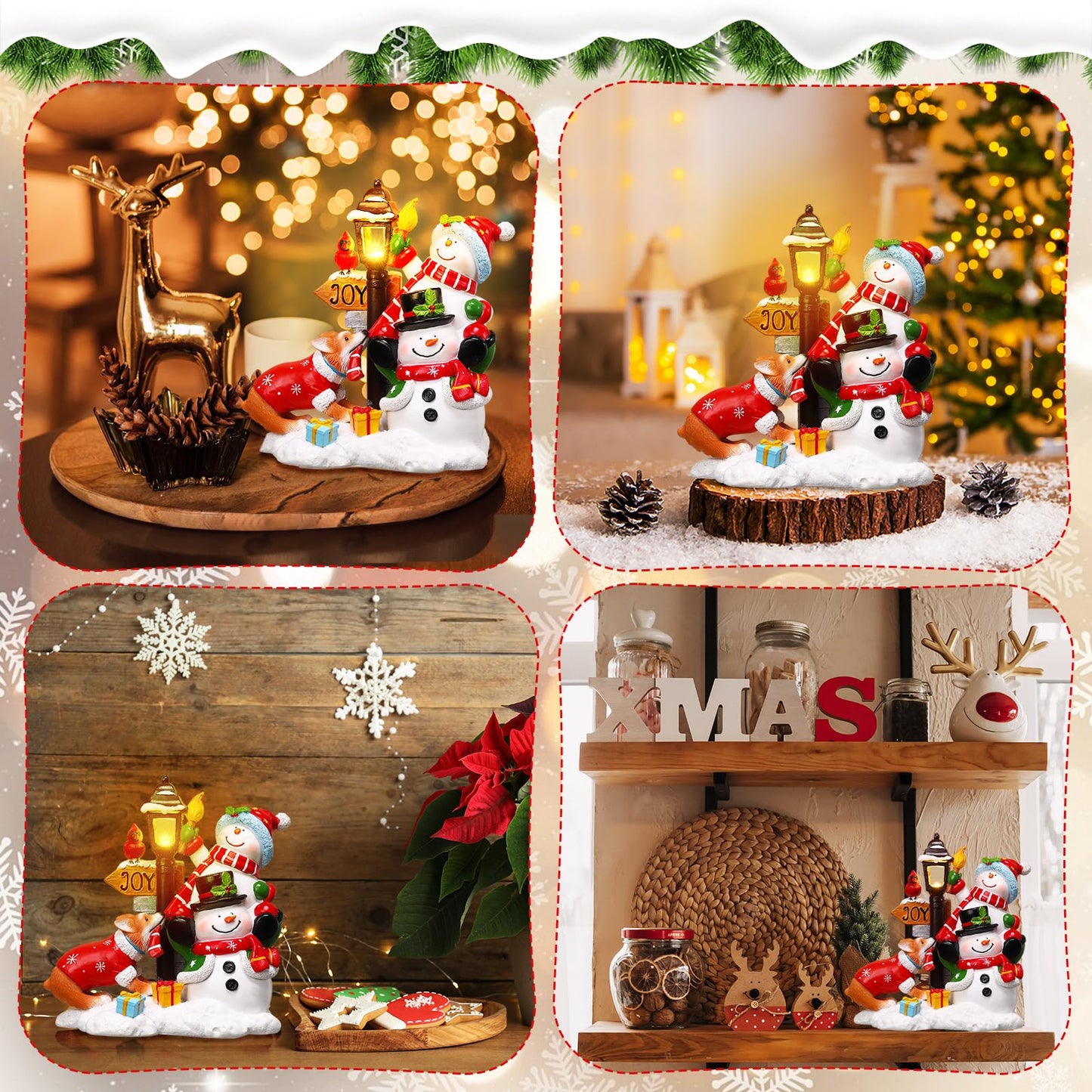 Wonderjune Christmas Snowman Table Decoration Lighted Snowman Figurine with Lamppost Lantern Tabletop Resin Collectibles Batteries Operated Xmas Statues Centerpiece Festive Gift Indoor Home