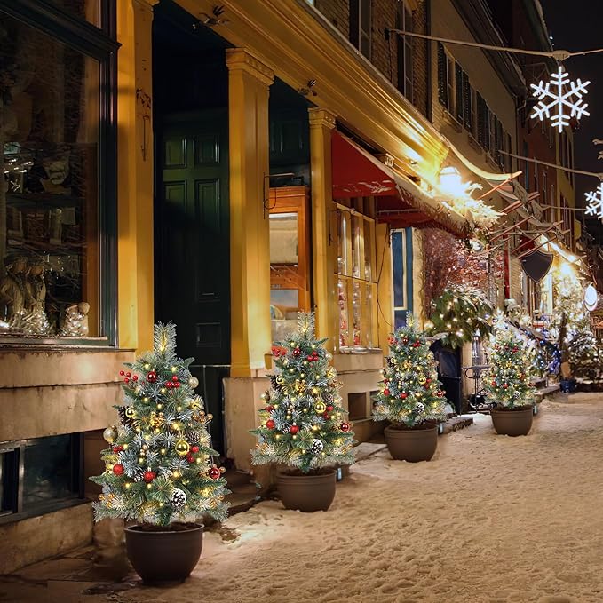 Set of 2 Outdoor Pathway Christmas Trees with Lights, Frosted Twinkle Small Easy Christmas Tree for Driveway, Entrance, Urn & Pot Filler, Front Porch, Yard, Garden Outside Holiday Decoration