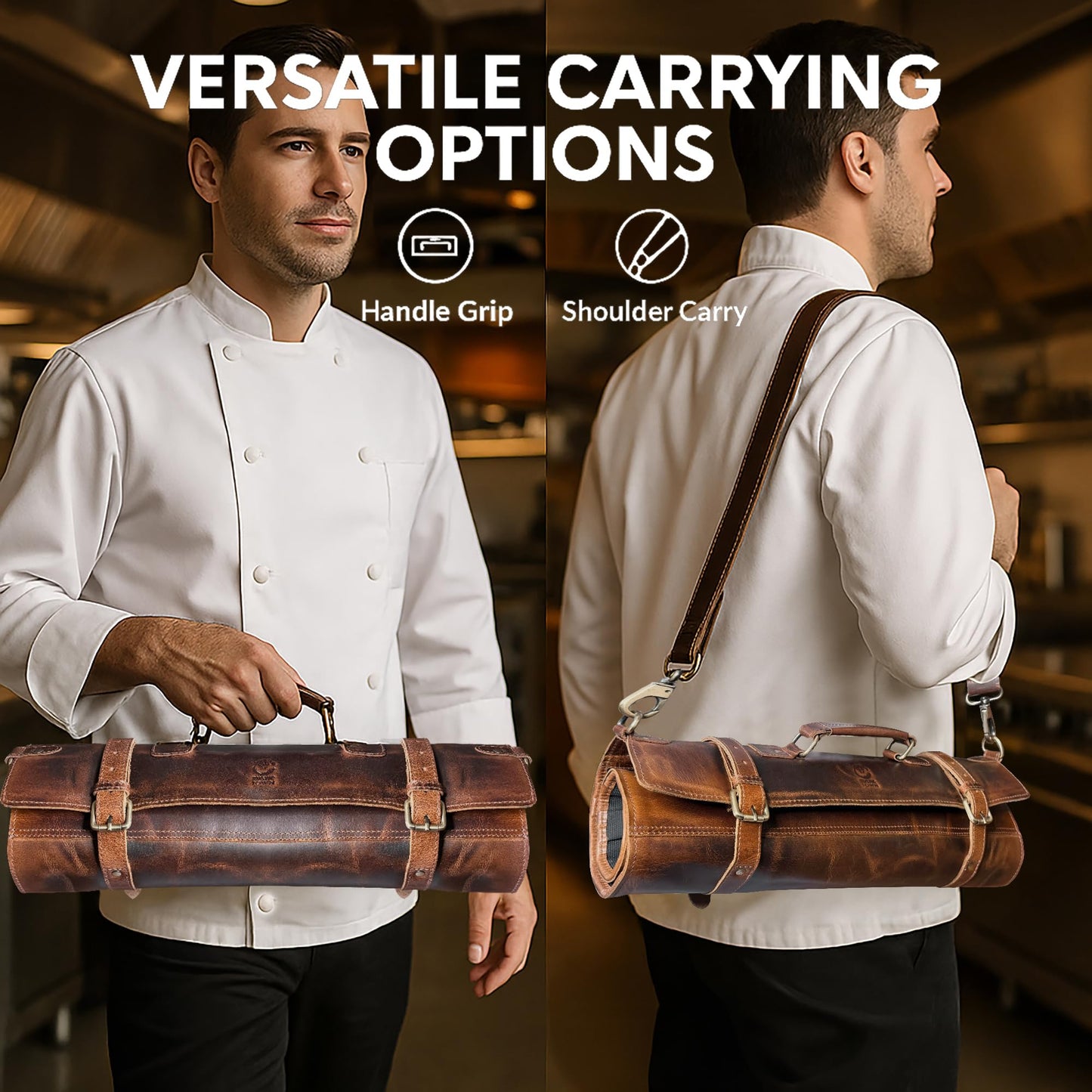 RUSTIC TOWN Leather Knife Roll Storage Bag | Elastic and Expandable 11 Pockets with Tool Pouch | Adjustable/Detachable Shoulder Strap | Travel-Friendly Chef Knife Case Roll (Walnut Brown)
