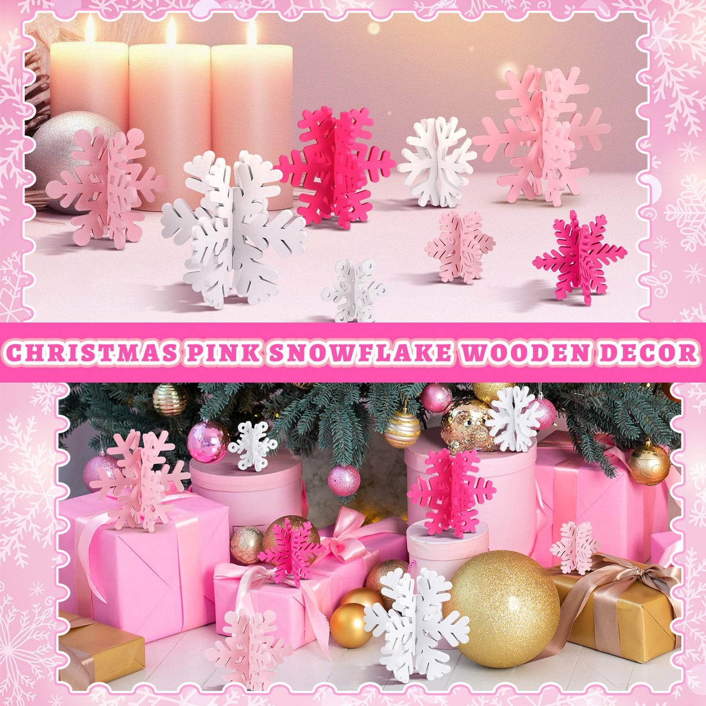 Wenqik 16 Pcs Winter Wooden Snowflake Decor Christmas Winter Snowflake Tabletop Decorations 3D Snow Table Signs Standing Centerpiece Xmas Tiered Tray Decorations for Party(White,Pink)