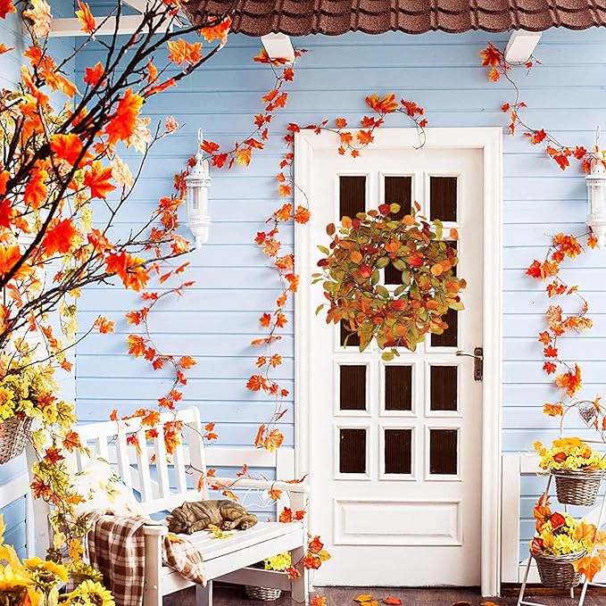 22“ Thanksgiving Fall Wreaths for Front Door Outside - Orange Green Eucalyptus & Berries Front Porch Door Wreath Decor, Harvest Autumn Decor.