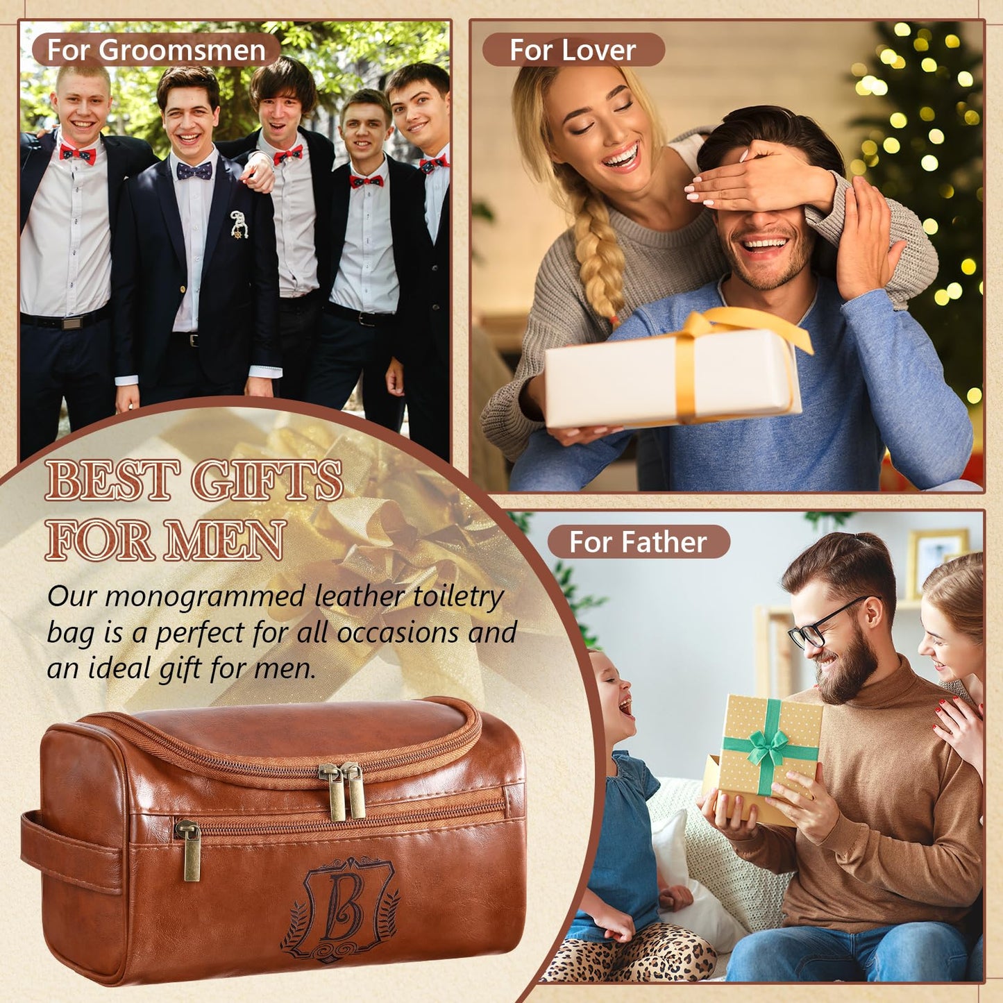 Sadnyy Father's Day Personalized Leather Toiletry Bag for Men Initial Travel Bag with Hook Monogrammed Toiletry Pouch Leather Travel Bathroom Kit with Side Handle for Anniversary Birthday Gifts(B)