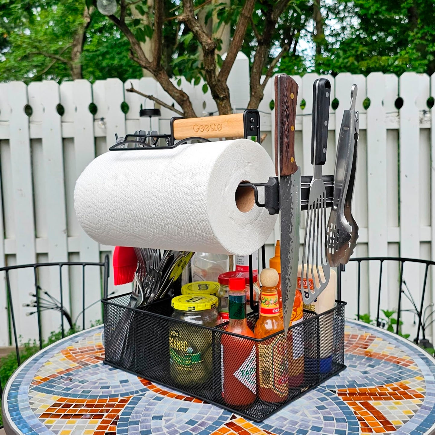 Geesta Grill Caddy for Outdoor Grill, BBQ Picnic Camping Caddy with Paper Towel Holder & Magnetic Tool Holder, Condiment Storage Utensil Kitchen Organizer for RV Camper, Tailgate Accessories