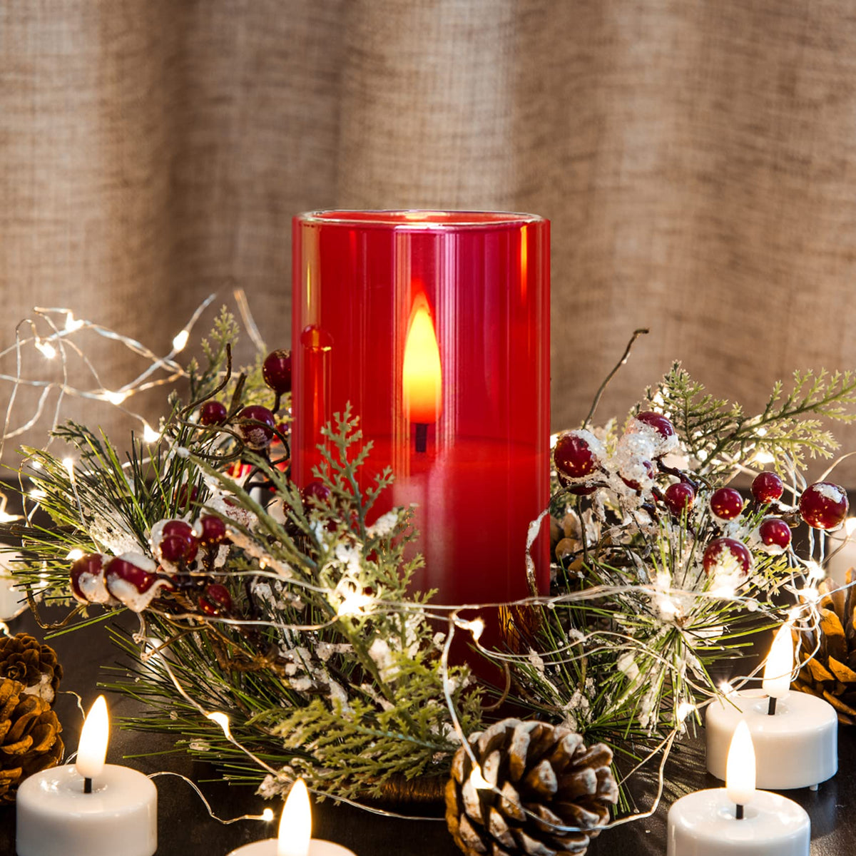Girimax Red Glass Flameless Candles with Remote Batteries, Flickering Christmas LED Pillar Candles Set of 5