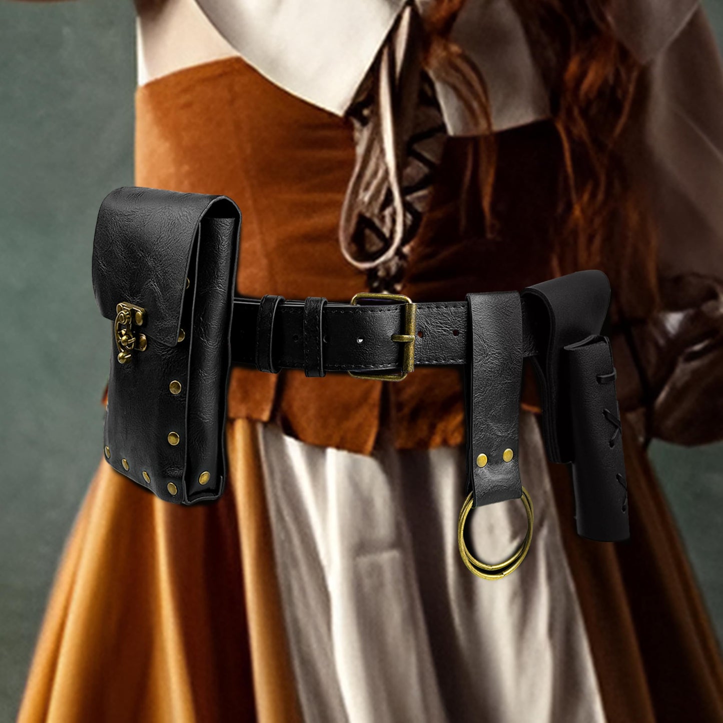 Renaissance Belt Pouch Waist Bag Pouch Skirt Hike Medieval Bag Ren Faire Costume Accessories for Cosplay Halloween (Black)
