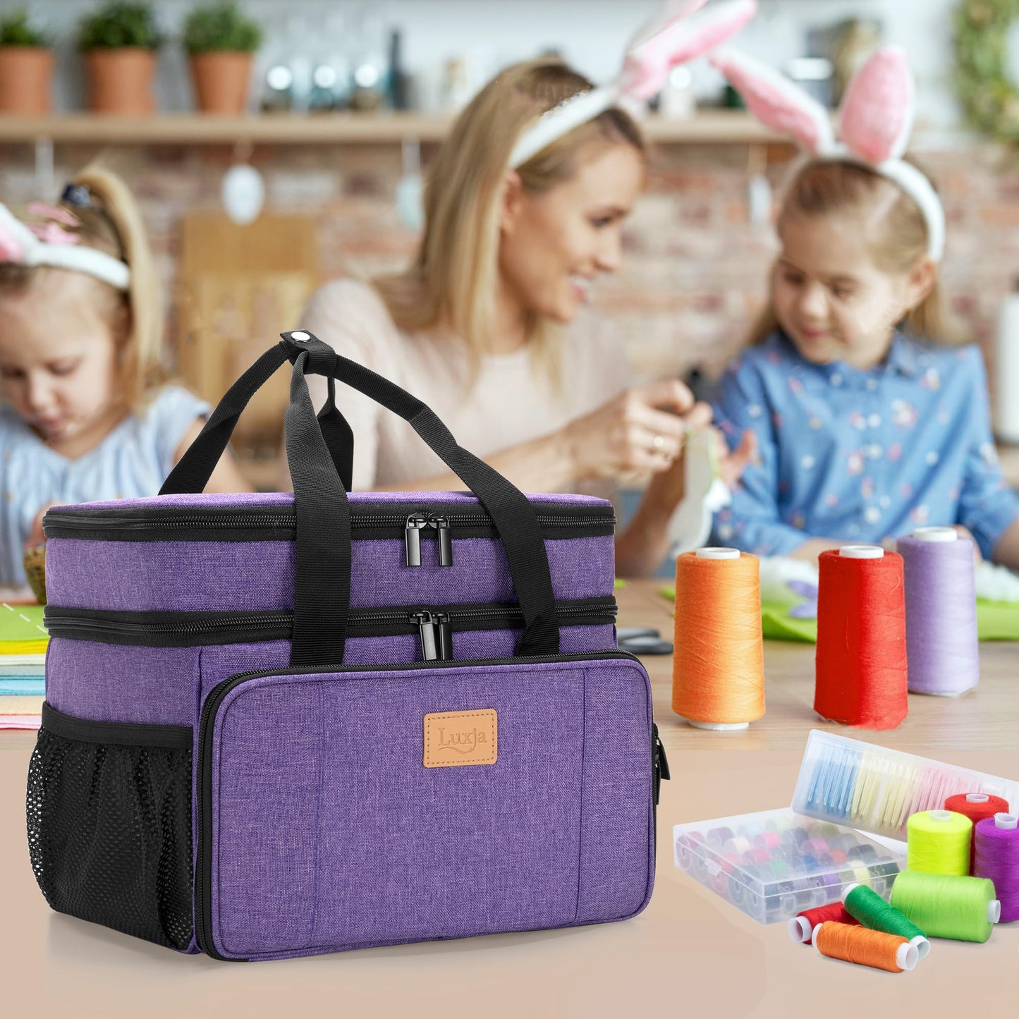 LUXJA Large Sewing Organizer with Many Compartments, 2 Layers Sewing Storage Bag with Varisized Pockets for Sewing and Crafting Supplies (Bag Only), Purple