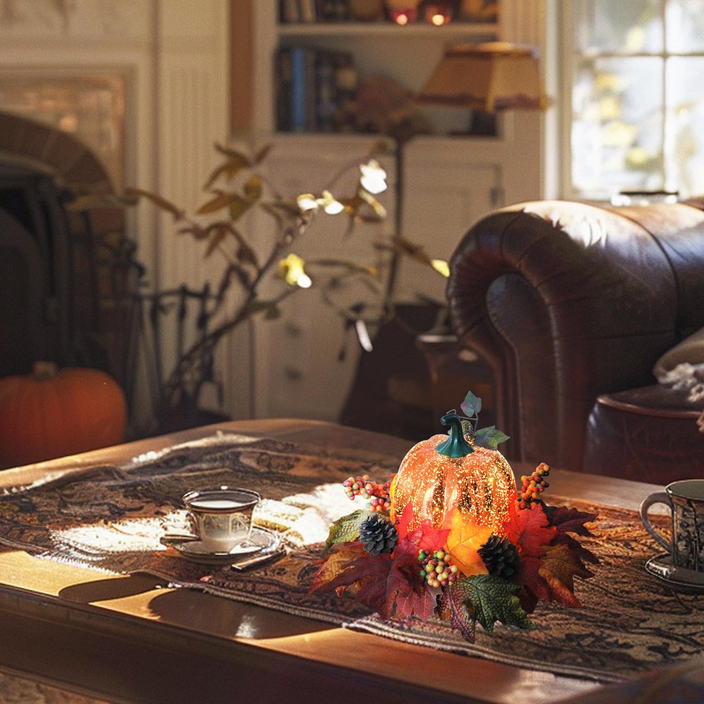 Lighted Pumpkin Fall Decor β LED Thanksgiving Decoration with Faux Maple Leaves, Berries, and Pinecones, Autumn Harvest Centerpiece for Table, Indoor and Outdoor Home Display