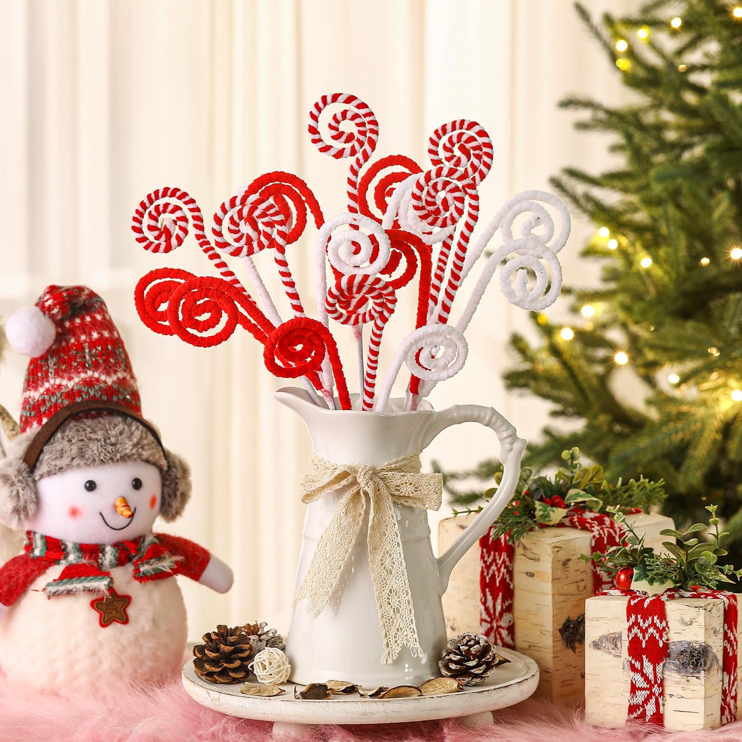 Gerrii 16" Red White Christmas Tree Pick Decor Candy Cane Xmas Ornament Peppermint Curly Pick Spray Lollipop Stem Large Tree Topper Branch Elf Stick for Home Wreath Vase Filler Craft Holiday Party