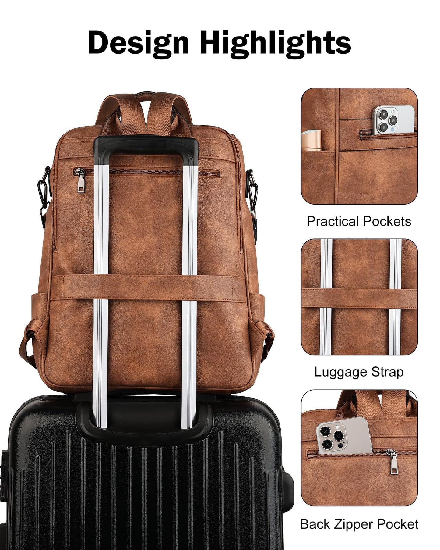 FADEON Laptop Backpack for Women Leather Travel Backpack with Laptop Compartment, Designer Ladies Computer Backpacks Brown
