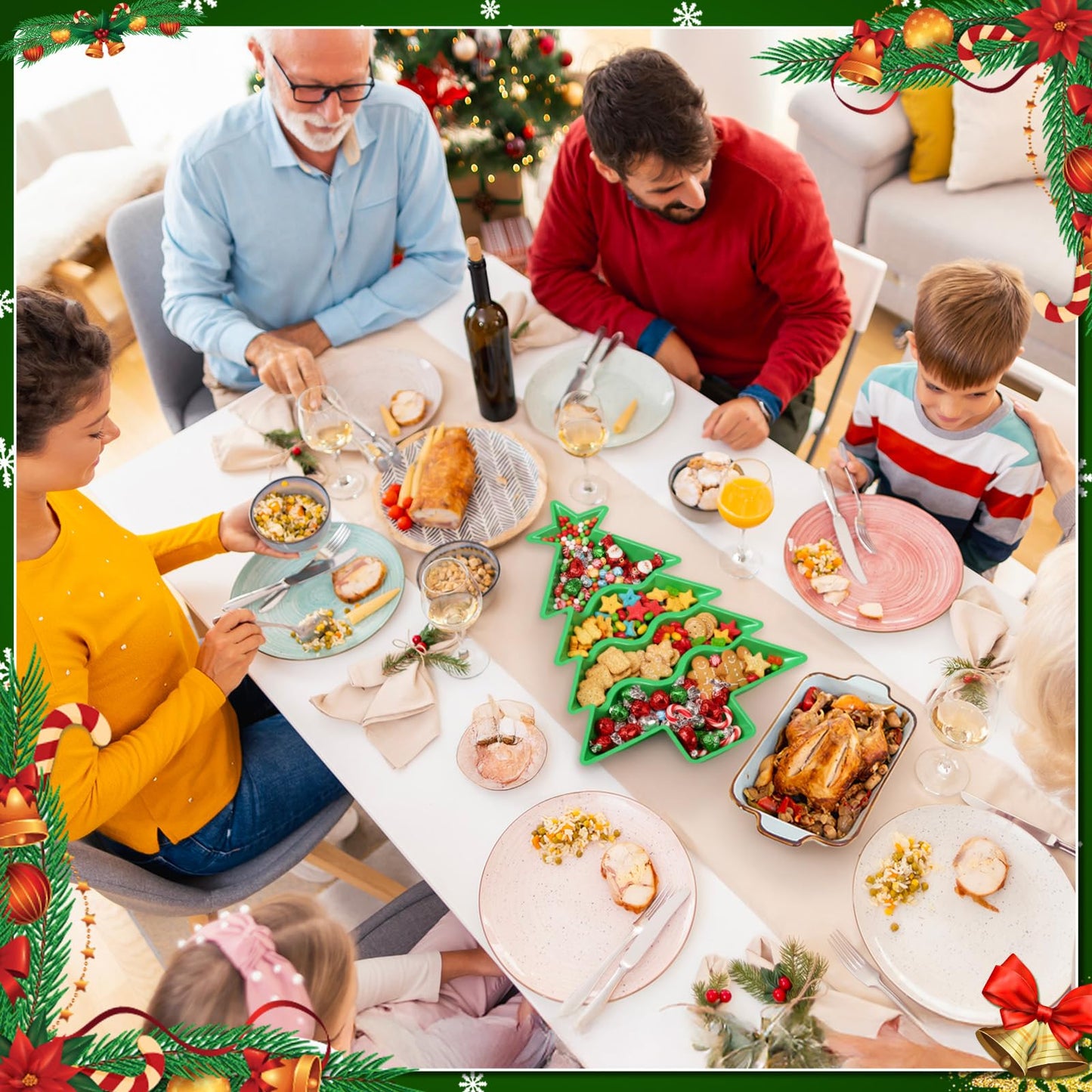 SiliFine Christmas Tree Shaped Serving Tray Divided Plastic Charcuterie Serving Plates Dishes with Compartments Xmas Party Decorations for Snacks Desserts Holiday Xmas Gift(10.2'', Green)