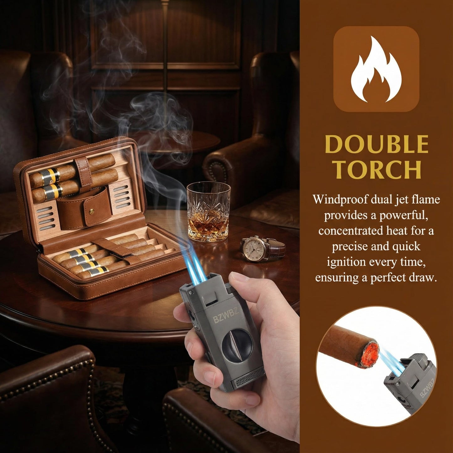 BZWBZ Travel Cigar Case Set,Torch Lighter with Cigar V Cutter, Hole Punch, Spanish Cedar Wood Humidor,Brown Leather