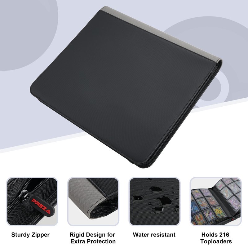 PREZA Toploader Binder - Holds 216 Top Loaders - 9 Pocket Trading Card Storage with Double Sided Sleeves for TGC and Sports 3" x 4" Top Loaded Trading Cards (Black)