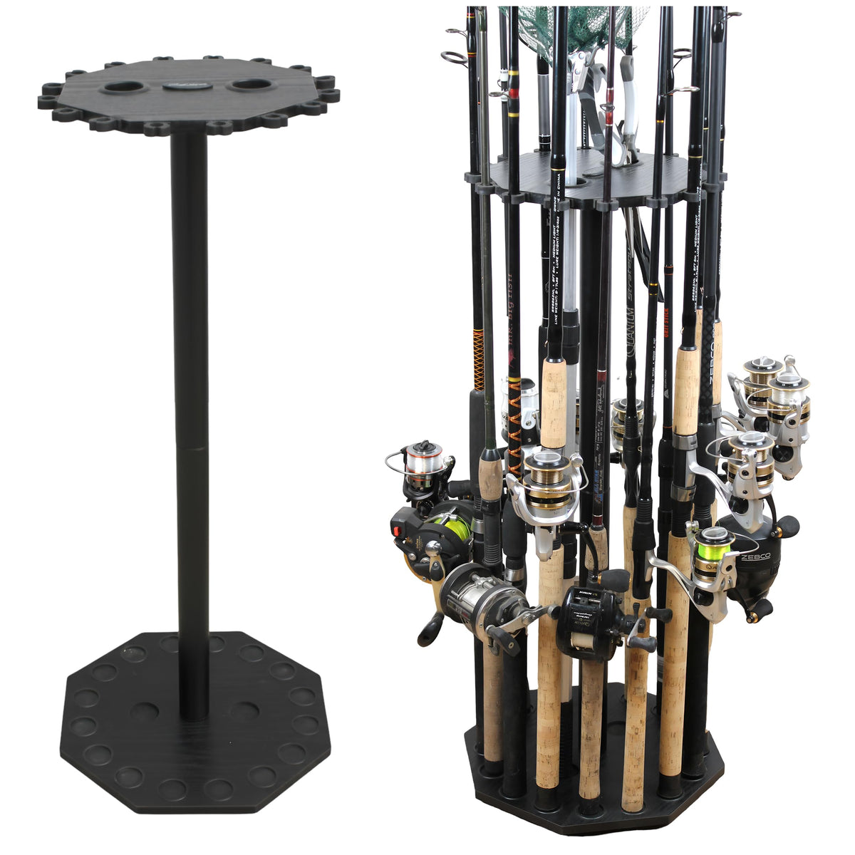 Rush Creek Creations 16-Rod Round Fishing Rod Holder for Garage, 360° Access Fishing Pole Holder for Fishing Rods, Reels, Gear, and Accessories, Securely Holds 16 Rods, Gray