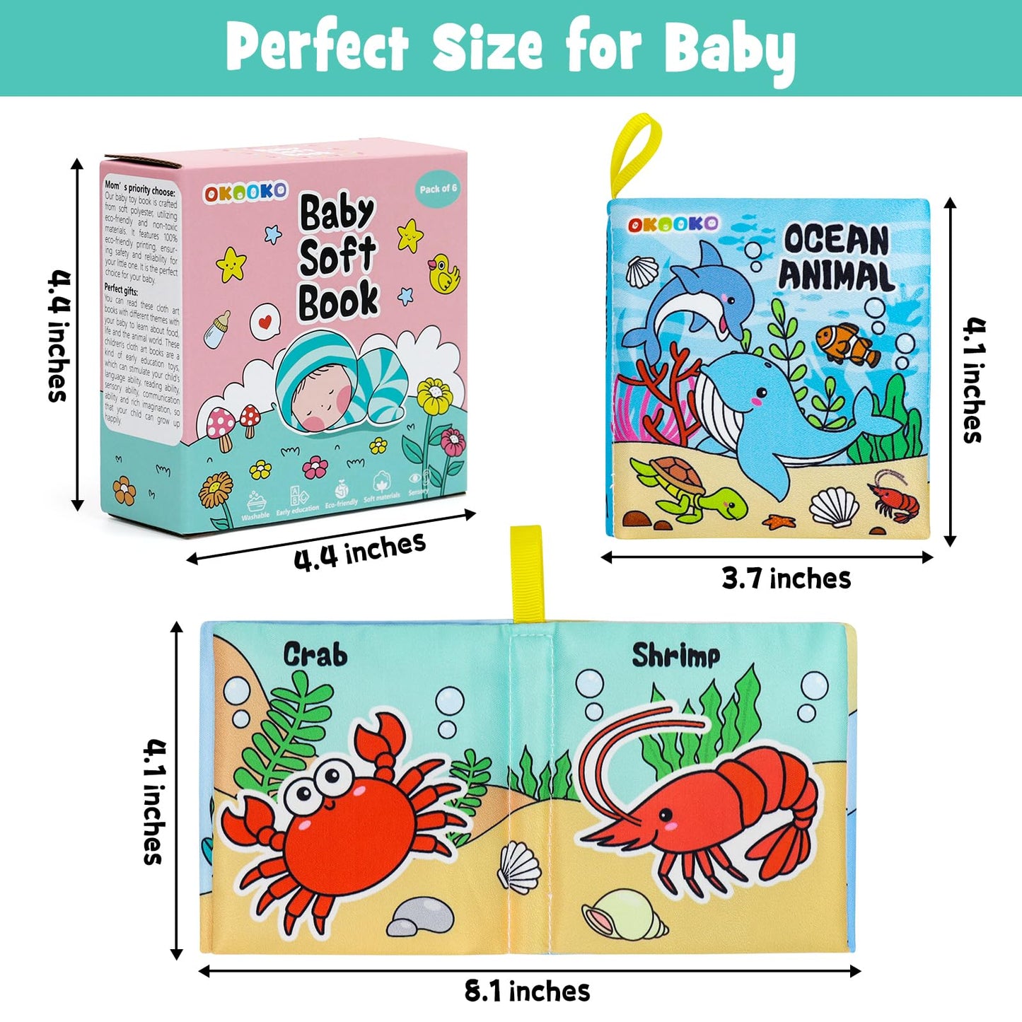 OKOOKO Soft Baby Books 6PCS Soft Cloth Books Bath Books Crinkle Washable Non-Toxic Early Education Preschool Learning Toy for Newborns Babies Infants Toddlers Kids
